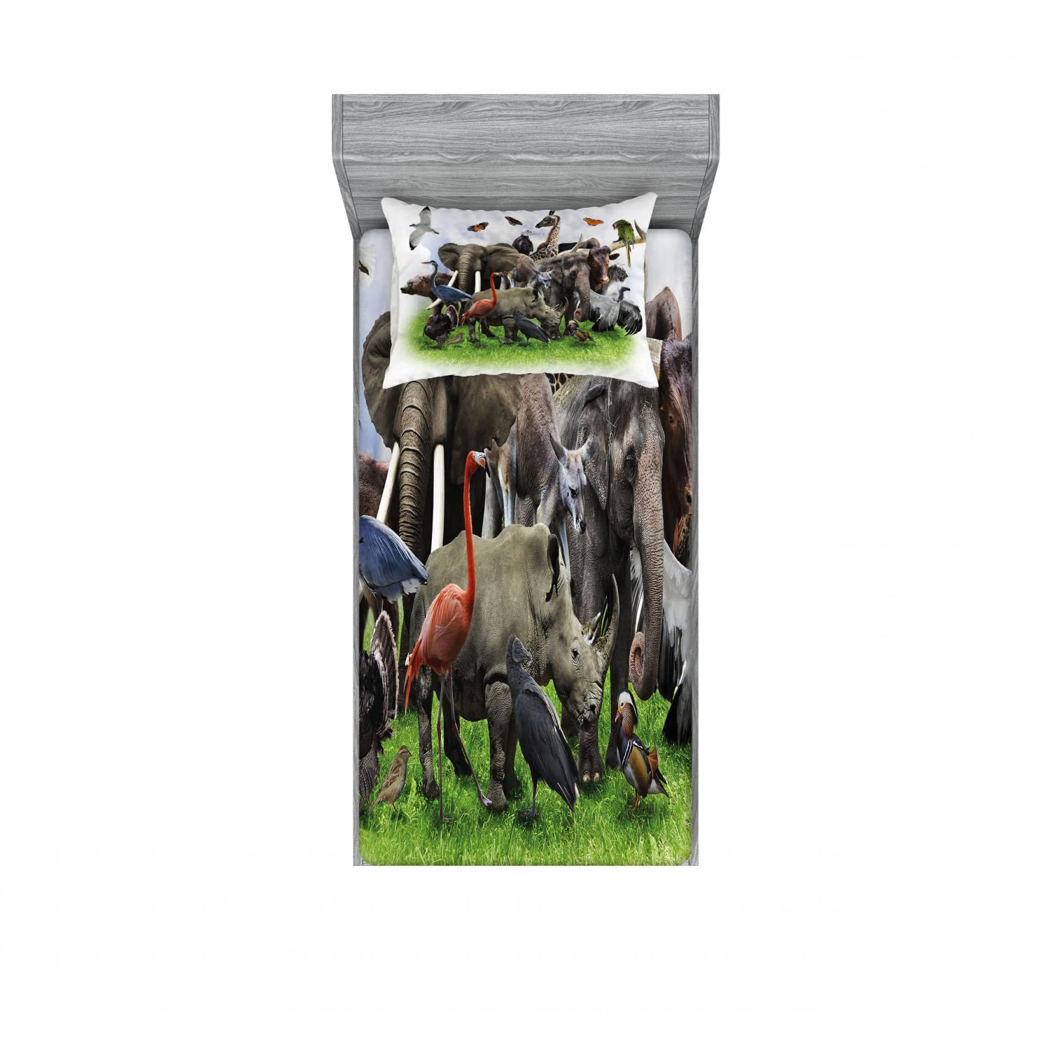 Ambesonne Animals 2 Pack Fitted Sheet & Pillow Sham Set, Wild Creatures Collage Art, 4 Pcs Bedding Decor, Package Contains 2 Twin Size Fitted Sheets & 2 Pillow Covers, Dimgray Green