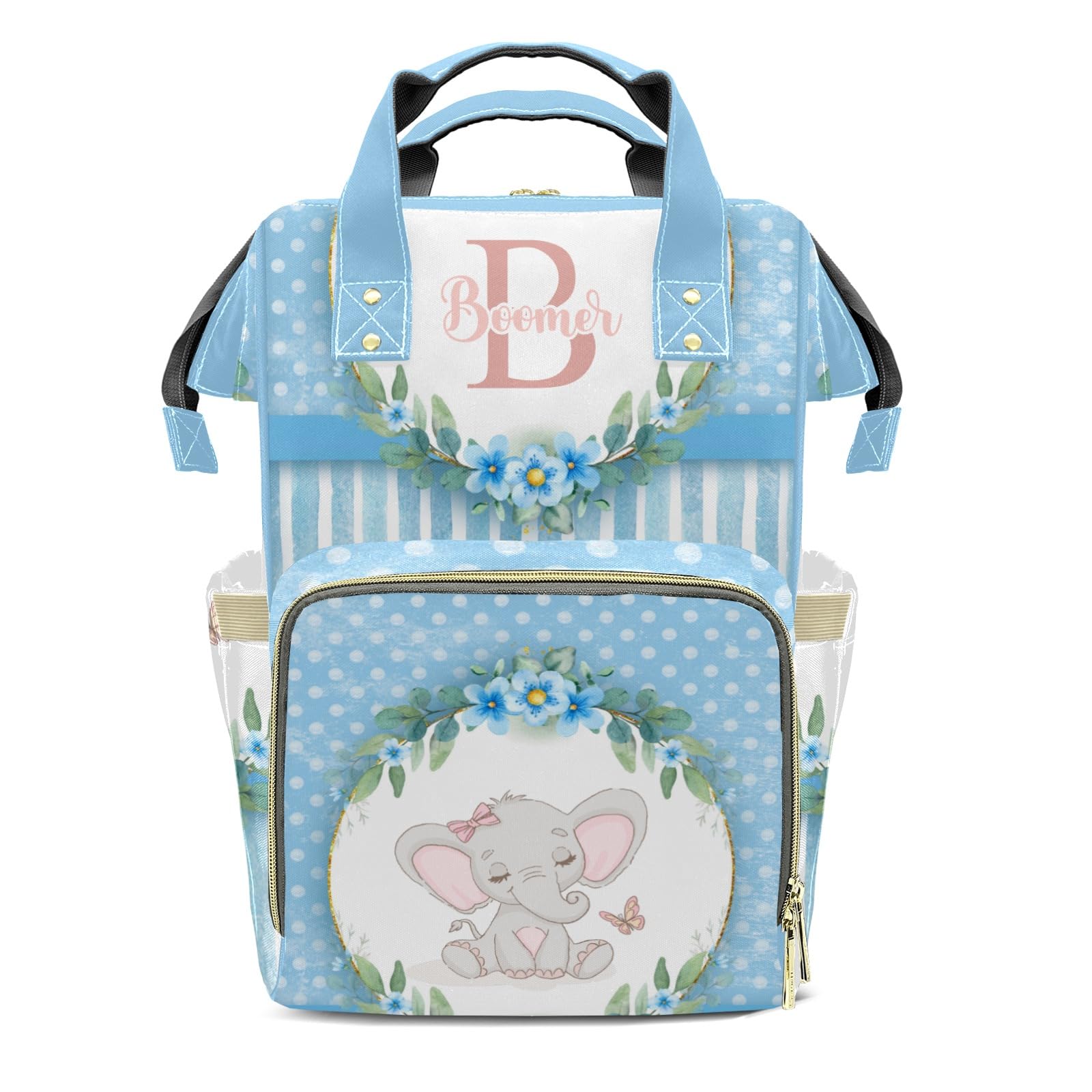 Personalized Diaper Bag Backpack Name Watercolor Floral Wreath Dot Elephant Functional Waterproof Bag: Gift for Moms, Dads