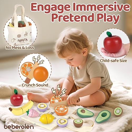 Miniatura 4 de Beberolen Comida de madera para niños pequeños de 3 a 5 años, comida de simulación para cortar frutas para niños, accesorios de cocina, regalo de