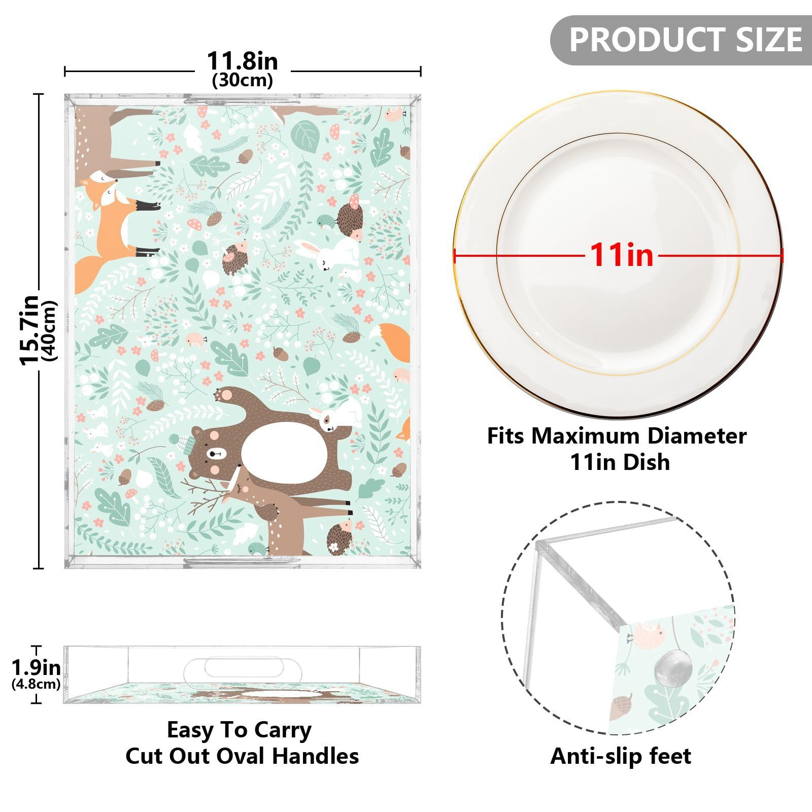 Bandeja transparente personalizada con ilustración de animales, bandejas acrílicas para servir con asas, bandeja de acrílico para mesa de café, bandeja de servir a prueba de derrames, transparente, 16