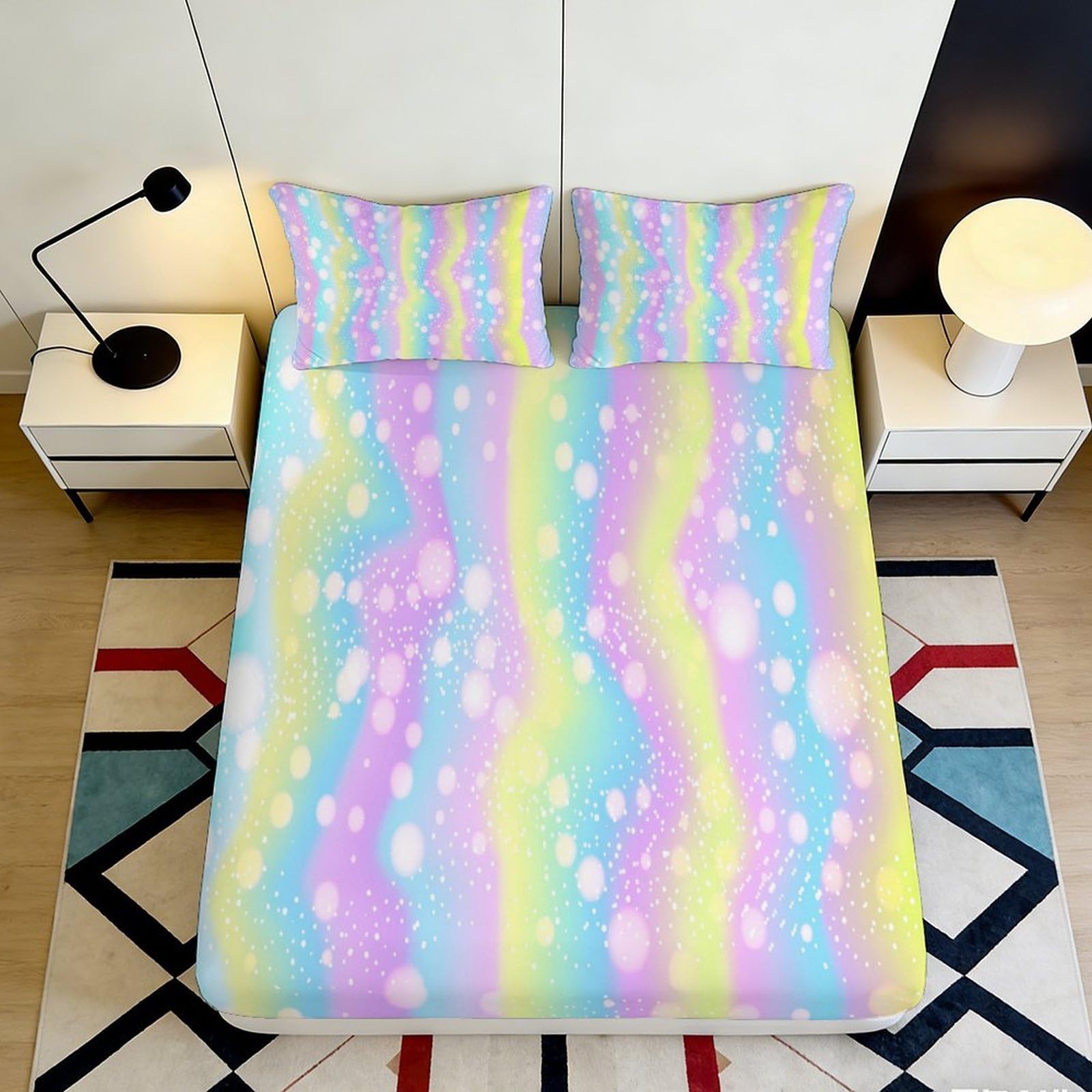3D Printed Pastel Rainbow Fitted Sheet Microfiber Soft Gradient Bubble Mattress Cover for Bedroom Dorm Mattress Protection Decor 200x200x25cm