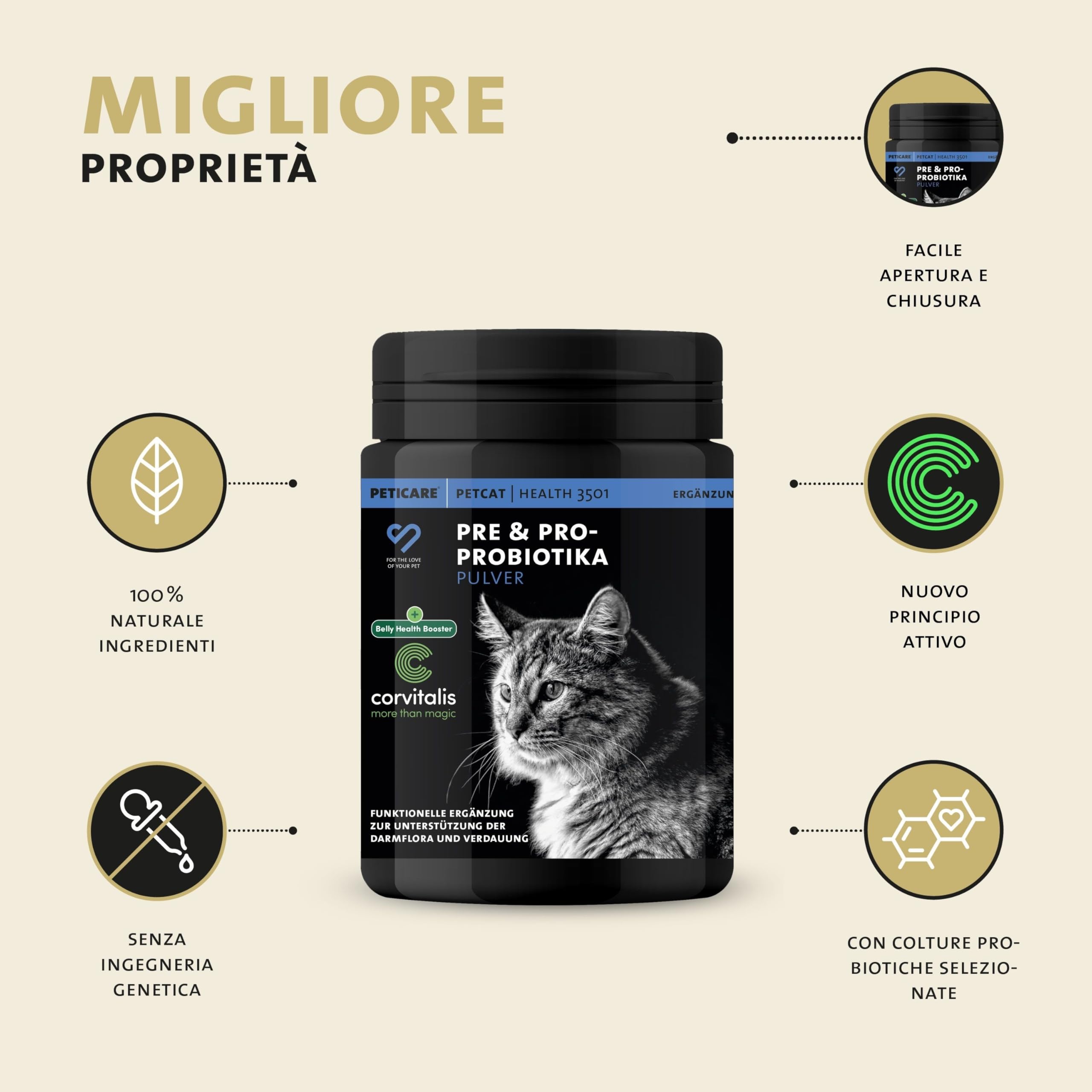 Peticare Polvere Flora Intestinale Gatti – Supporto Naturale per la Digestione – Con Probiotici e Prebiotici – Integratore Gastrointestinale