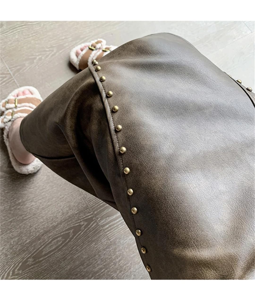 Wjnvfioo Otoño Invierno Faux PU Cuero Rivet Mujeres Faldas Largas de Cintura Alta Clásica Frente Split Straight Faldas