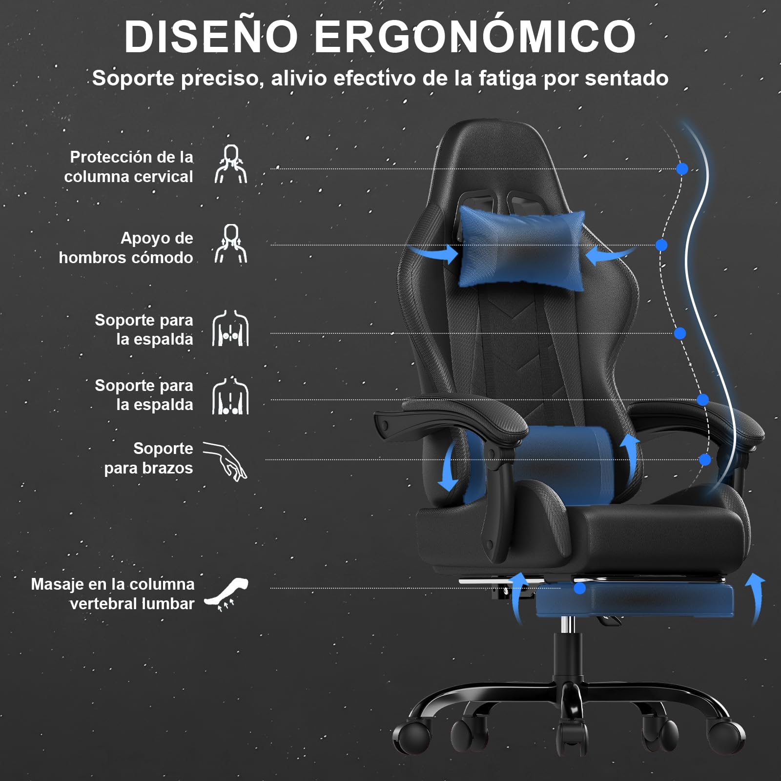 JUMMICO Silla Gaming Ergonómica con Masaje, Silla de Ordenador Reclinable 90-135° con Reposapiés, Silla de Trabajo Resistente 150 kg, Negro