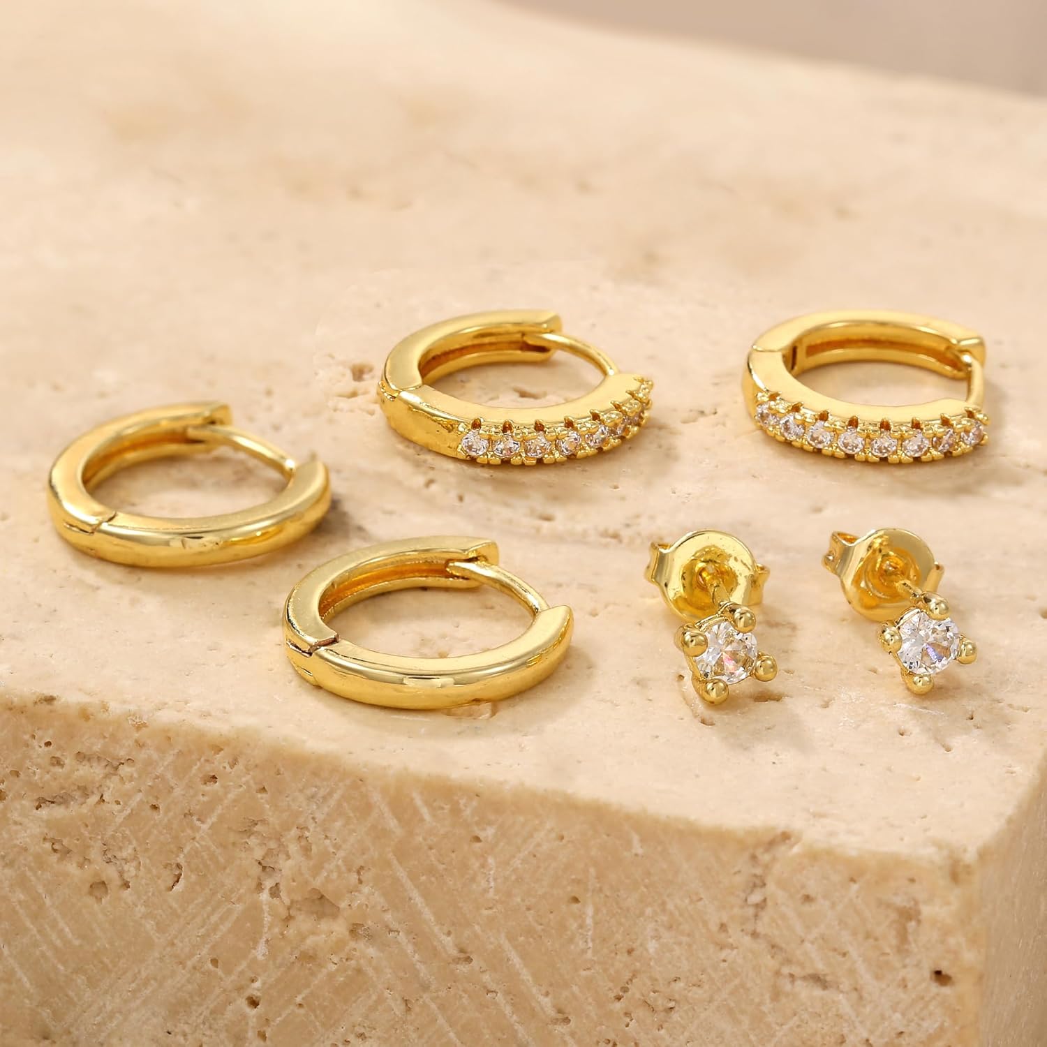 3 Pairs Huggie Hoop Earring Set 18K Gold Plated Cubic Zirconia Cartilage Earrings, Multi Piercings Ear Jacket Earring Climber Stud Earring for Women Everyday Earrings - Image 6