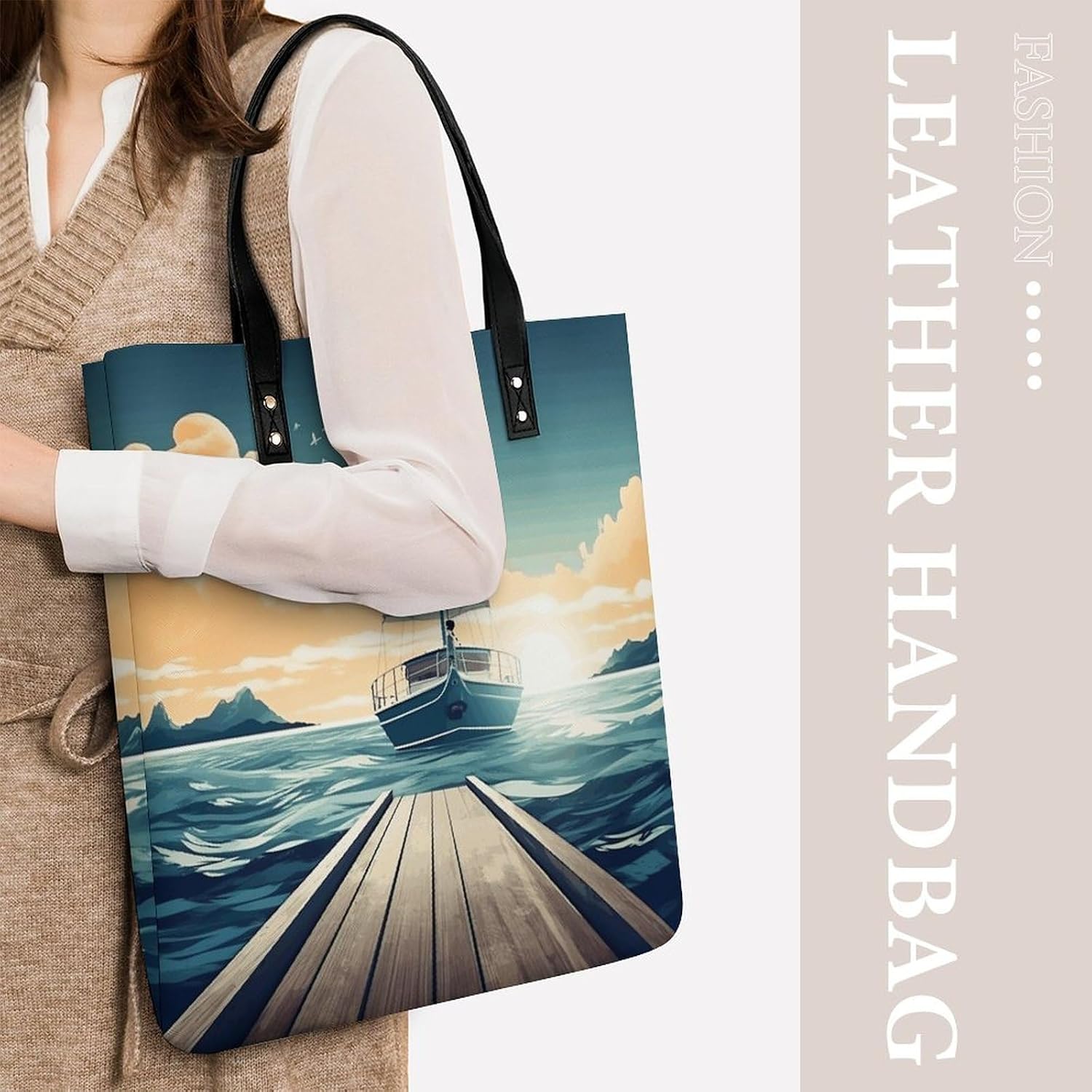 Boat Seascape Theme Handbags Large Capacity, Tote Bag Stylish Slouchy, Shoulder Bags for Work Beach Travel And Shopping Grocery.
