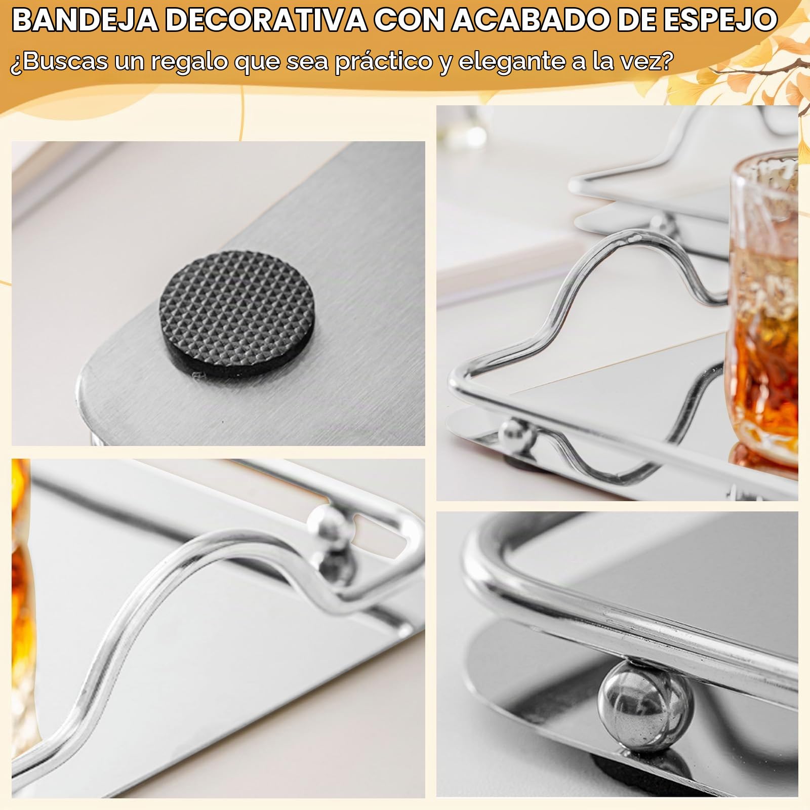 Bandeja de servir, Elegante Bandeja Rectangular de Acero Inoxidable con Asa para Té, Café y Postres, Centro de Mesa Decorativo, 30x20 cm, para Cena, Bar o Cocina