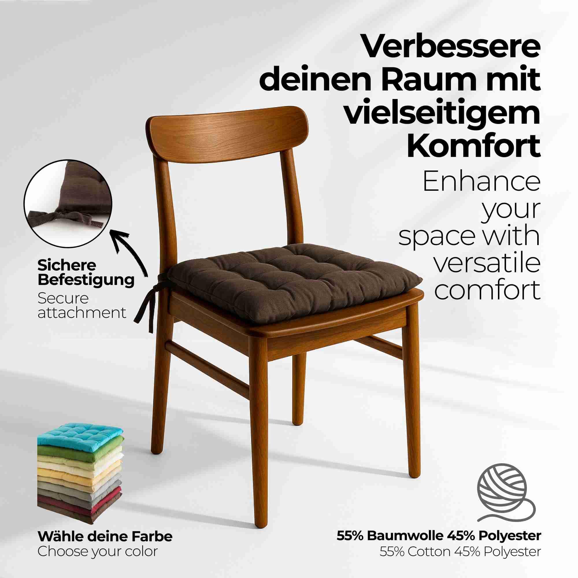 etérea 8er Set Sitzkissen Outdoor 40x40 mit Bändern - Stuhlkissen Braun für Gartenstuhl & Innenbereich - waschbare Sitzauflagen Gartenmöbel - 8 Stück Kissen 40x40 cm - Braun