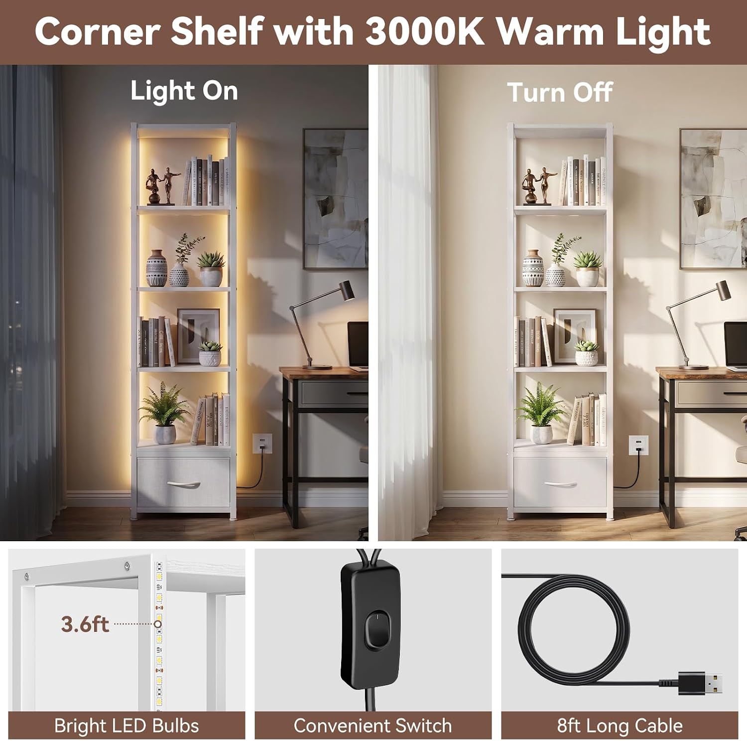 Housolution 6 Tier 60.6" Tall Bookshelf with Storage and LED Light, White