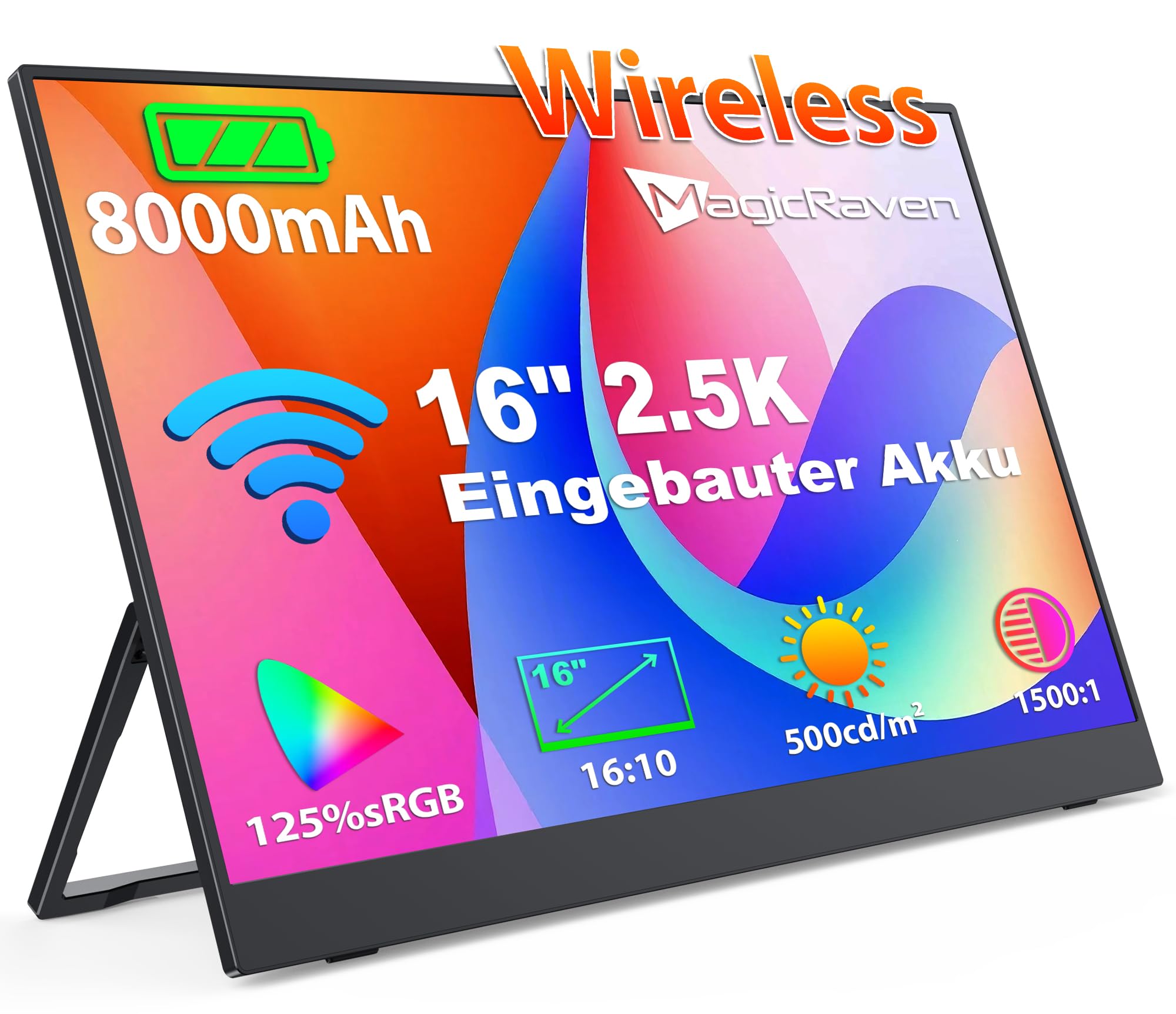 MAGICRAVEN 16" 2.5K Kabelloser Portable Monitor mit 8000-mAh Akku, 1600P Tragbarer Monitor, Laptop Bildschirm Erweiterung, Mobiler Monitor IPS Screen, Unterstützt AirPlay/Miracast,für Laptop/Telefone