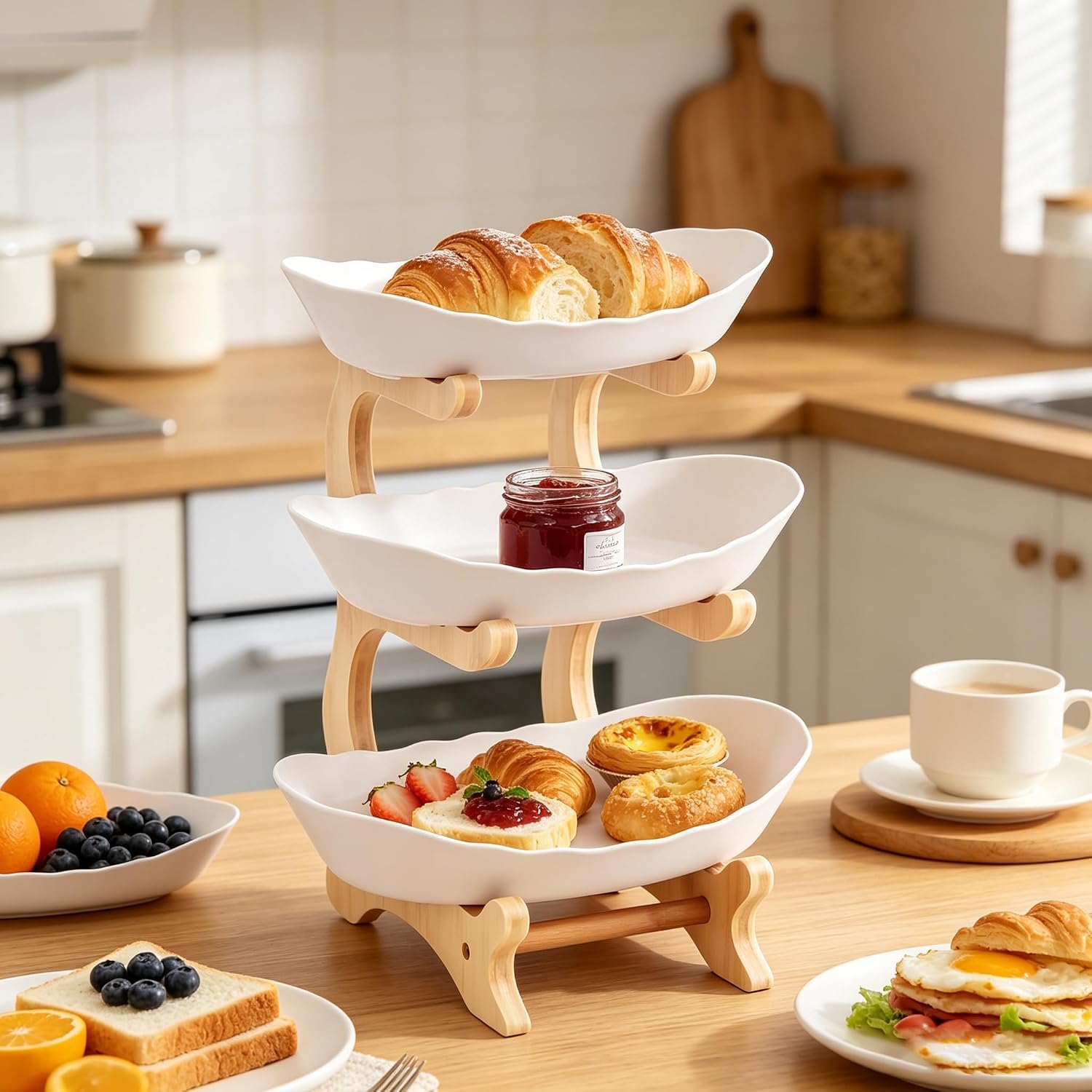 Cesta de frutas de bambú, cuenco ovalado desmontable de 2 niveles, organizador de ahorro de espacio para encimera de cocina, diseño apilable para frutas y verduras del hogar, almacenamiento de cocina