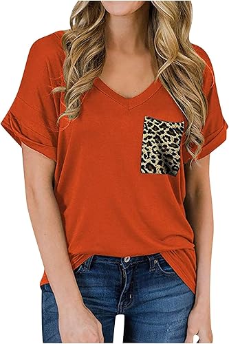2023 Summer Camo Mock Neck Short Sleeve Tops Leopard Print Pocket Work Blouses Work Casual Clothing