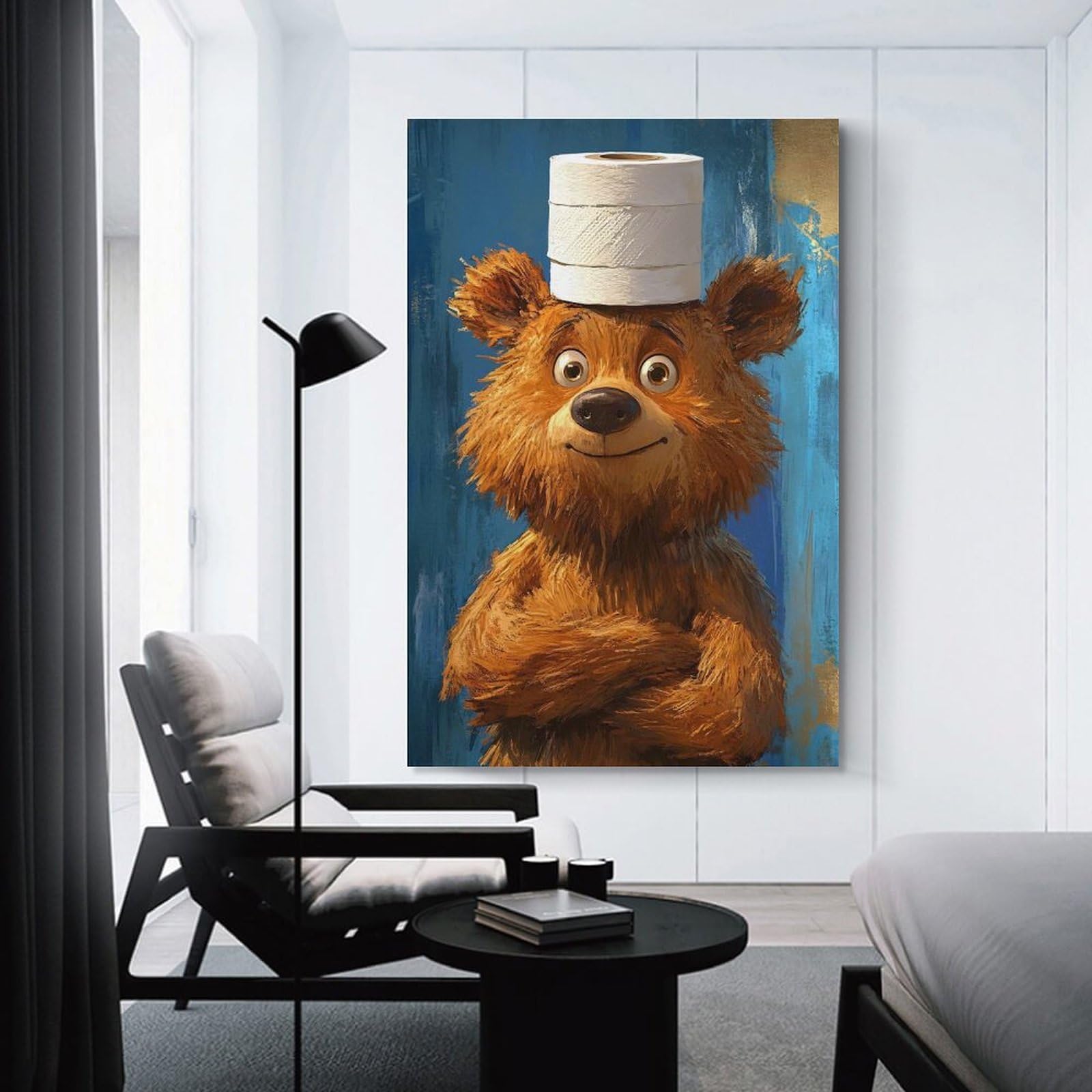 Junmoney Bear with Toilet Paper Hat Decorative Wall Artwork, 16x24inch(40x60cm), for Work Areas, Reading Rooms Or Studios, Wall Art That Adds Style to Work Areas