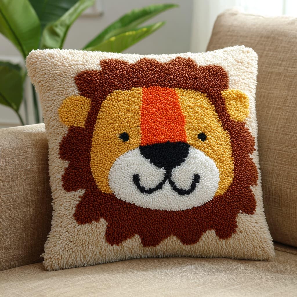 Taxpy Latch Hook Kits, Animal Lion Pillow with Printed Canvas Handmade Cushion Crochet Yarn Embroidery DIY Hook and Latch Kit Pillowcase Decoration 43x43cm