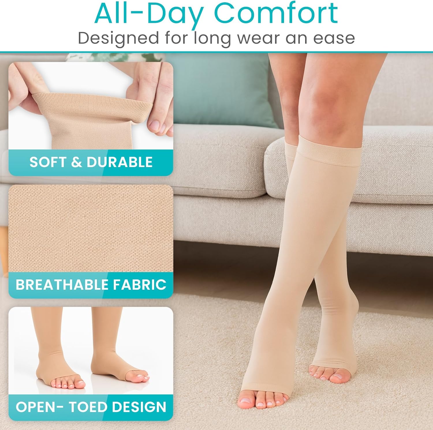 Vive 15-20 mmHg Medical Grade Compression Socks for Women & Men Open Toe - Knee High Support Stockings for Varicose Veins, Lymphedema, Plantar Fasciitis, Pregnancy, Restless Legs Syndrome, Swelling - Image 6