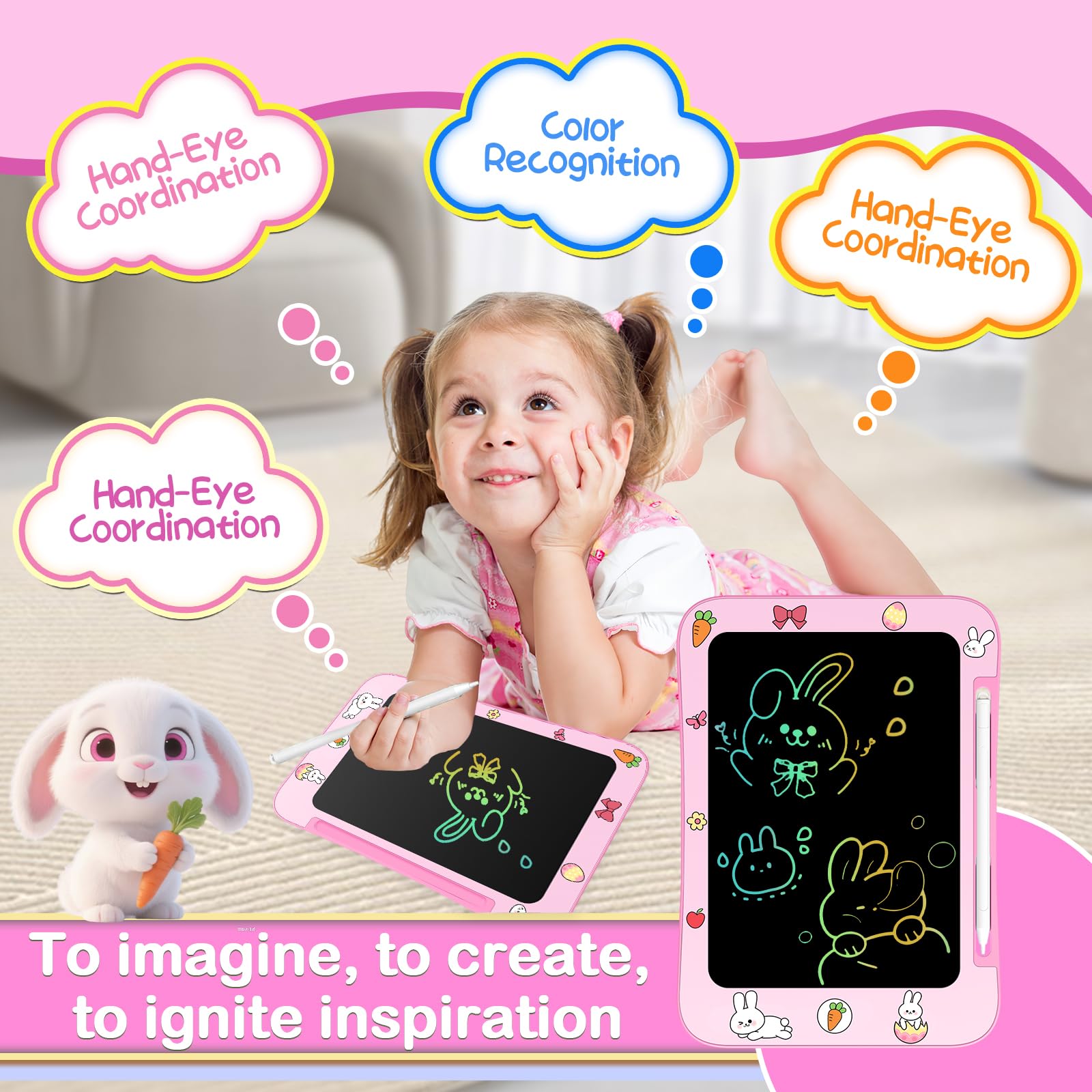 Easter Basket Stuffer Genialba LCD Writing Tablet for Kids, Colorful Screen Drawing Board for 3-7 Year Old Boys & Girls - Educational Toys Easter Gifts for Kids (Rabbit)