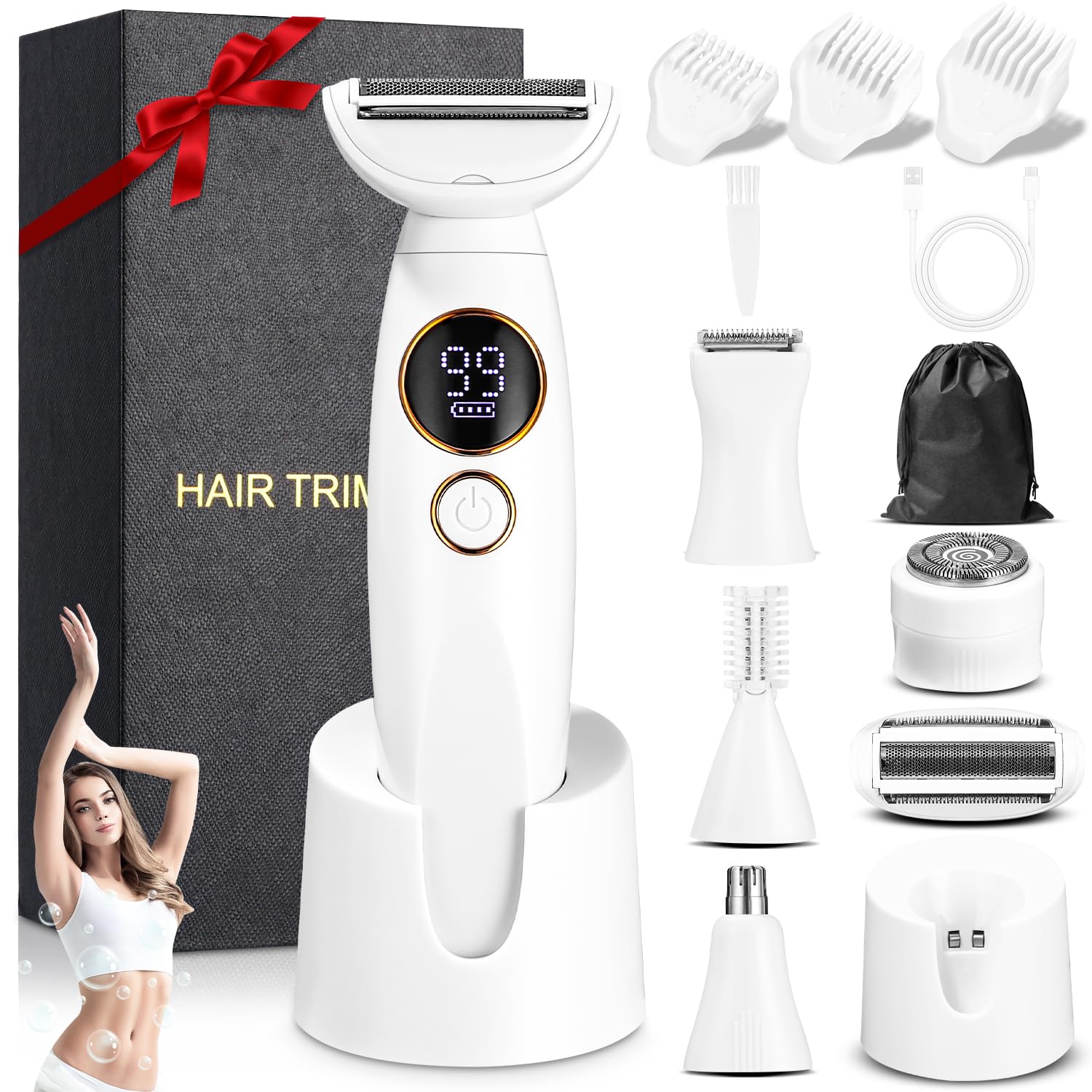 Afeitadora Mujer, 5 en 1 Afeitadora Electrica Mujer, Rasuradora Mujer con estación recargable USB, Rasuradora Mujer Zona Intima, para el cuerpo, las axilas, la línea del bikini, las cejas y la nariz