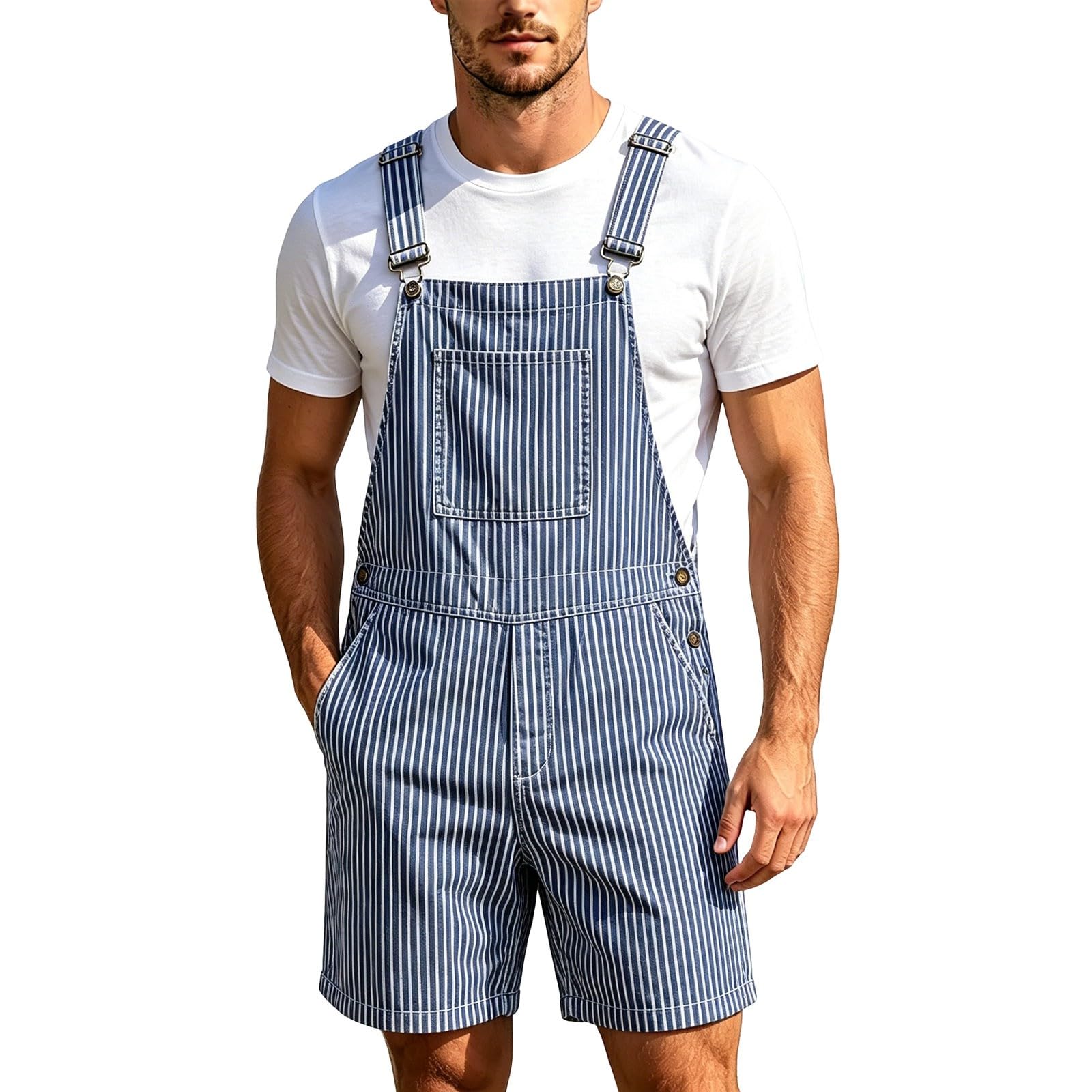 Salopette Homme à Rayures Style Britannique Salopette Short de Travail Homme Bretelles Réglables Combinaison D'été Streetwear Décontracté pour Vacances Sport
