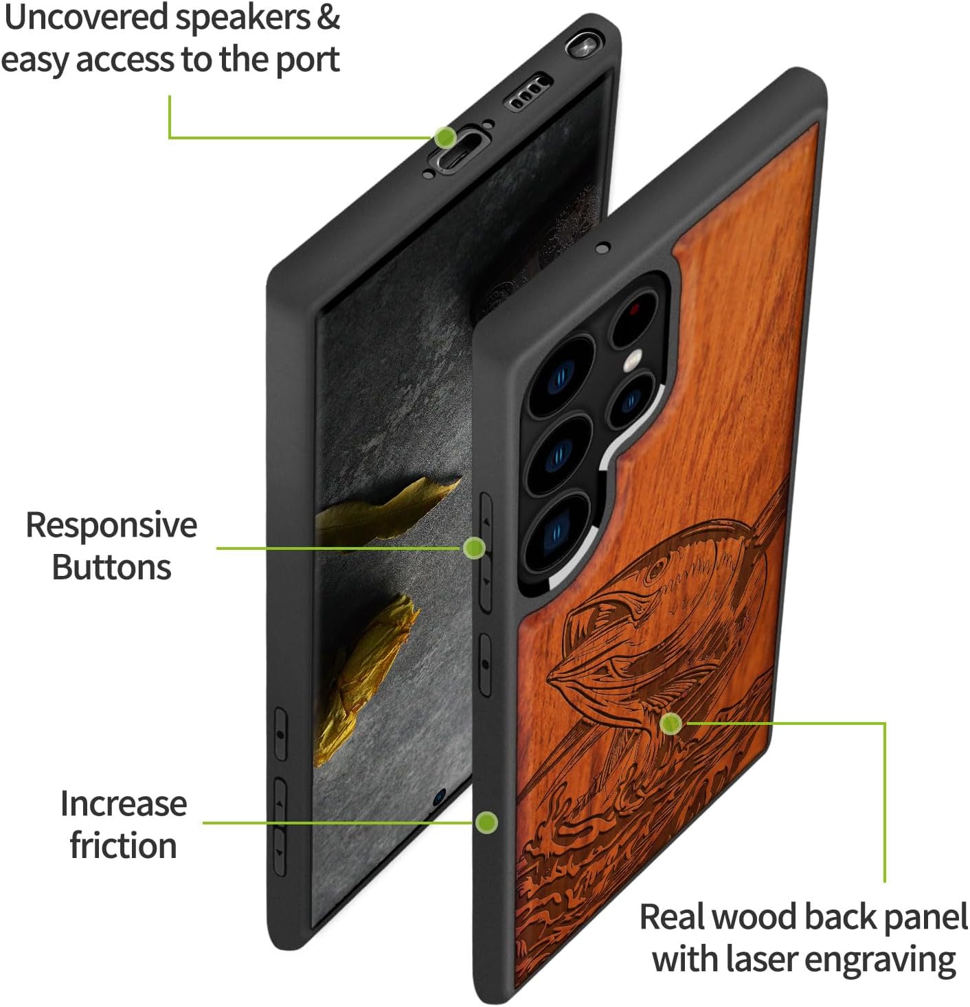 Carveit Wood Case for Galaxy S23 Ultra Case [Natural Wood & Black Soft TPU] Shockproof Protective Cover Unique & Classy Wooden Design Compatible with Samsung S23 Ultra (The Tuna's Soar-Rosy)