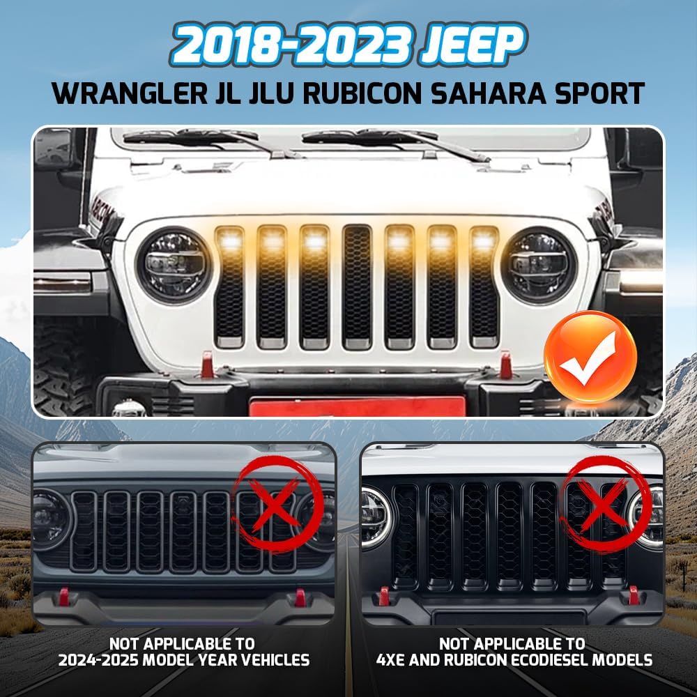 Teguangmei 6PCS Grill Lights Compatible with Jeep Wrangler JL JLU Rubicon Sahara Sport 2018-2023, APP Control 8 Lighting Modes Front Bumper Grille Light Daytime Running Light (RGB)