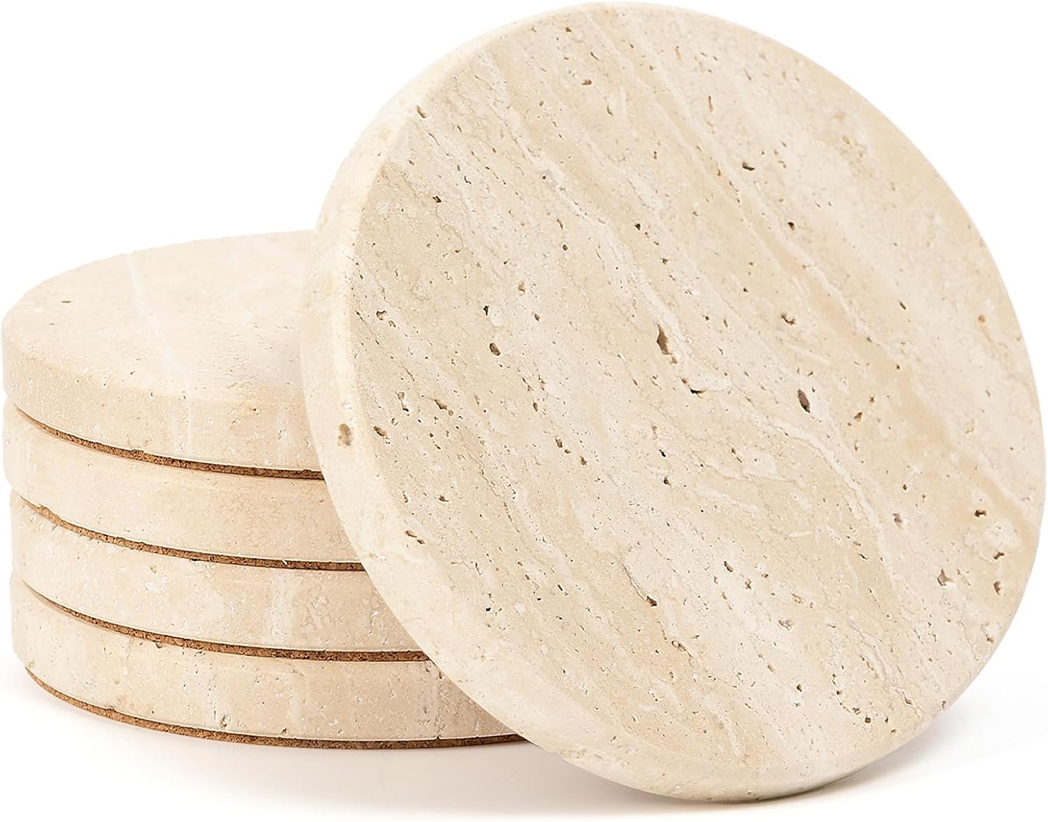 Set of 8 Travertine Coasters with Holder, 4" Round Stone Drink Coasters with Stand for Table Desk Bar - Cork Backed, Heat Resistant Rustic Farmhouse Boho Coaster, Elegant Coffee Table Decor
