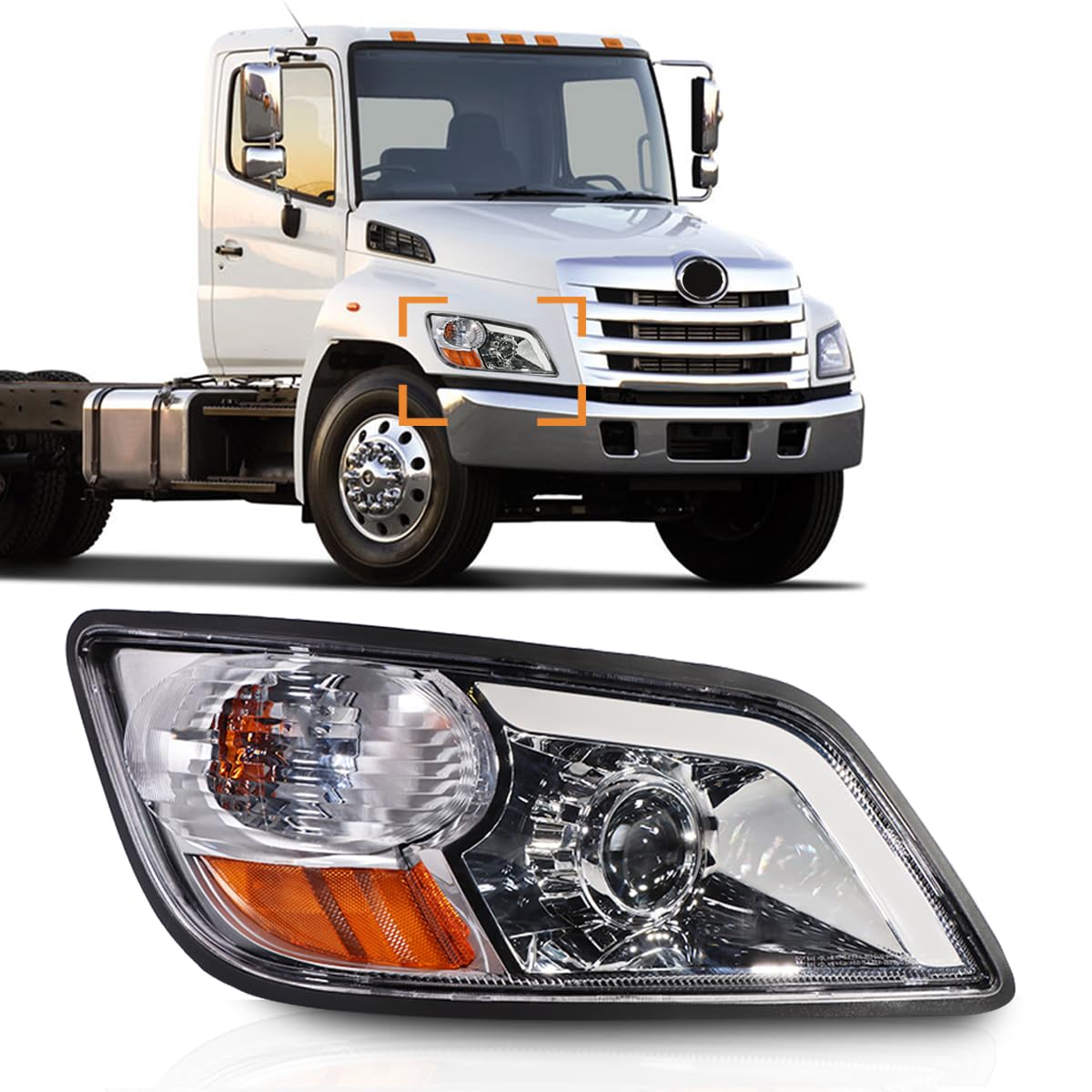 headlight assembly fit for 2011+ hino 238 258 268 338 truck right passenger side with silver painted headlamp (led lens)