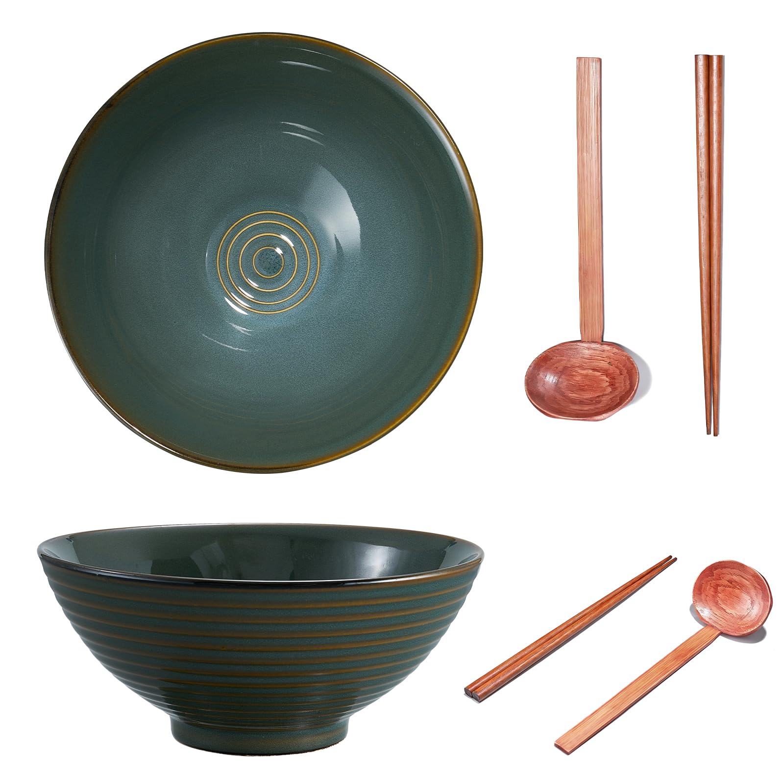 Yuecda 2 Sets 8 Inch Ceramic Ramen Bowl Set of 2, 40oz Japanese Bowls with Spoons & Chopsticks,Durable,Microwave & Dishwasher Safe,Perfect for Ramen,Pho,Salad,Soup,Noodles，Mixing Bowls（Cyan）
