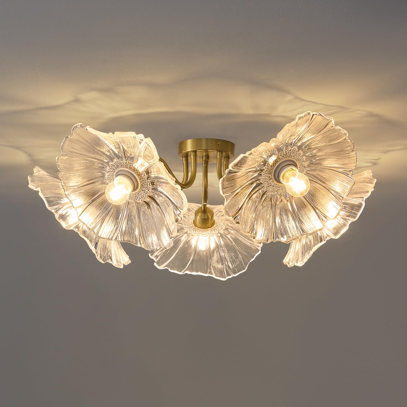 Flower Glass 5 Lights Ceiling Light - Gold Vintage Floral Semi Flush Mount Chandelier Lightin Fixture - Mid