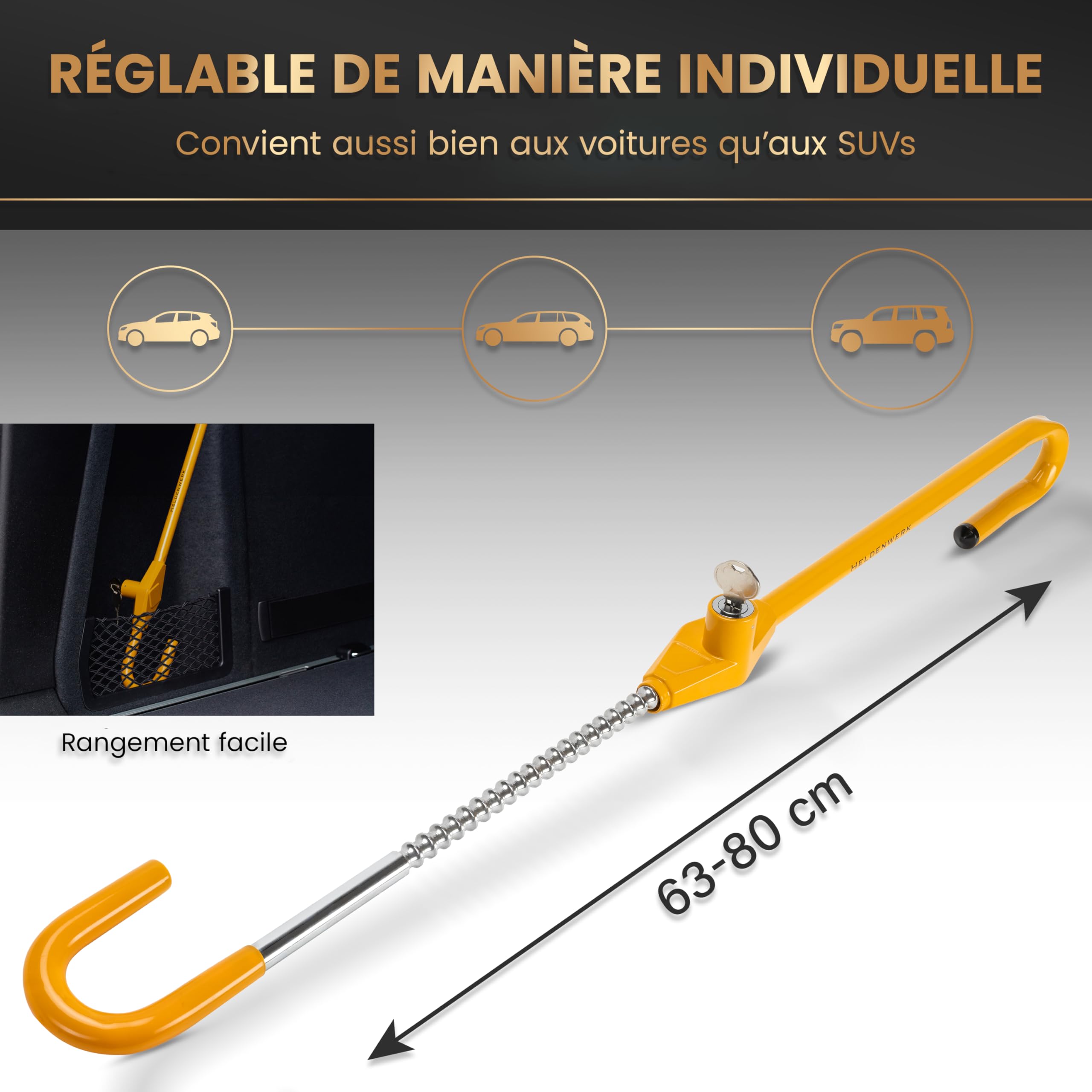 HELDENWERK Canne Antivol Voiture Volant pour la protection Antivol - Bloque Volant Voiture universal - Barre Antivol Voiture, Bloc Volant Auto – Antivols Auto, Antivol Volant pour Voiture, Camping Car