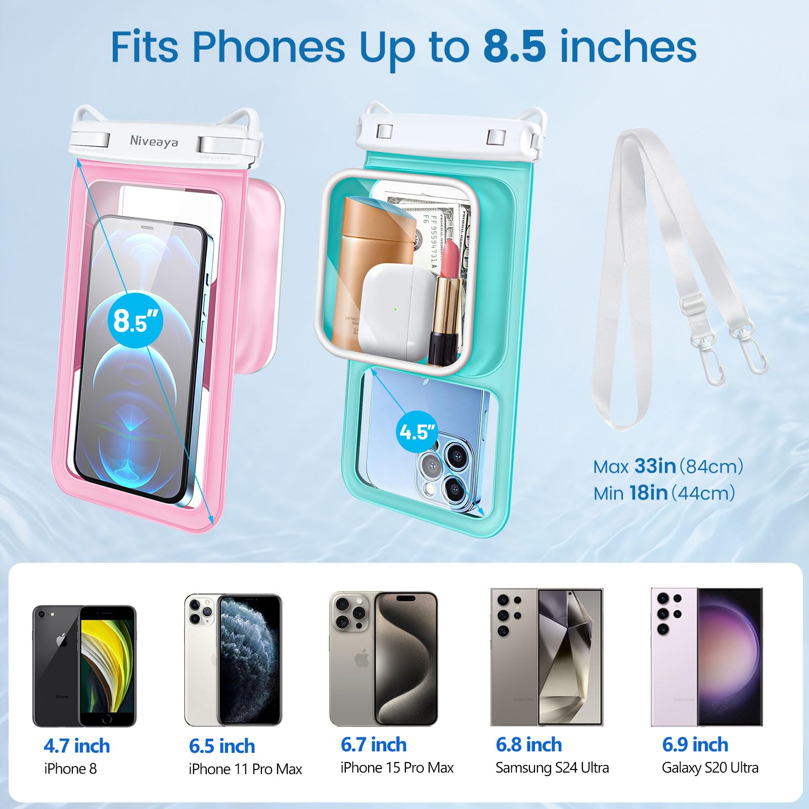 Niveaya [Flotable] Bolsa Flotante Impermeable para teléfono, 2 Paquetes de hasta 8.5 Pulgadas, Gran Espacio Ajustable con cordón para el Cuello, Funda Impermeable para teléfono, Bolsas secas para