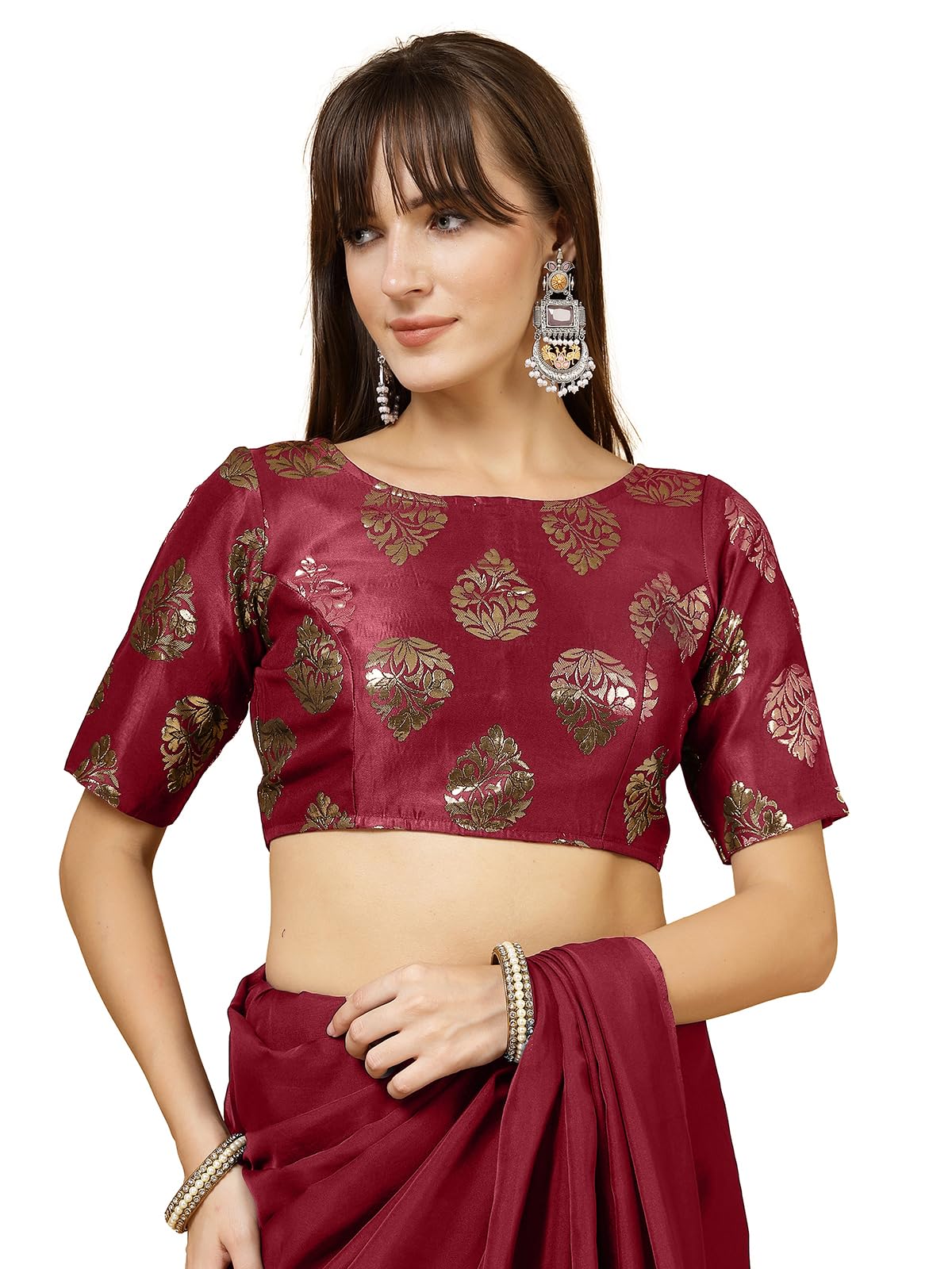 Oomph! Women's Indian Ethnic Wear Designer Big Paisley Pattern Zari Work Boat Neck Half Sleeve Indian Red Color Brocade Readymade Blouse For Saree Or Lehnga And Fusion Twist. Xl