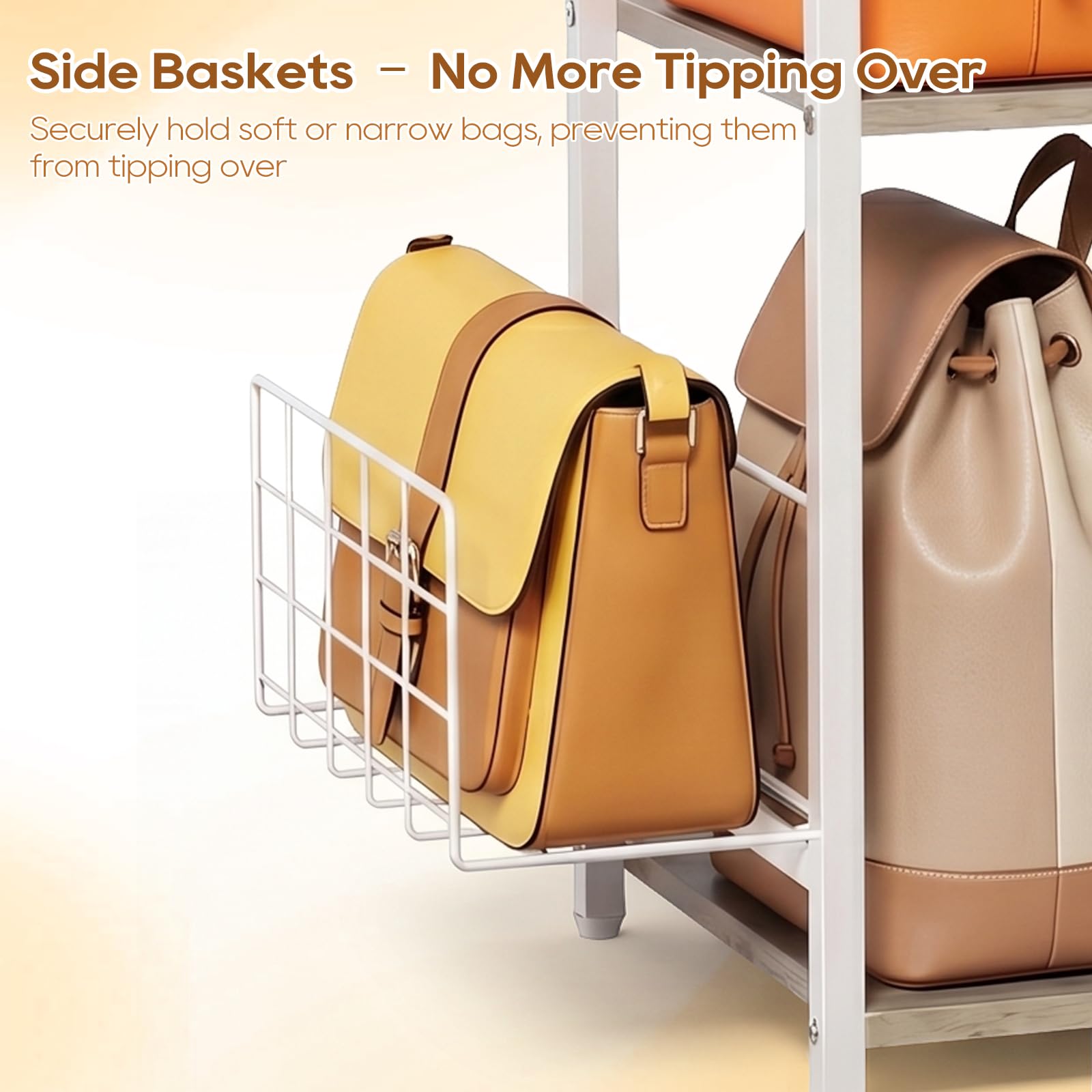 Organizzatore Borse a 3 Ripiani, Organizer per Armadio per Borse Firmate e Pochette con Paratie Laterali e Ganci, Organizzatore Multifunzionale per Armadio e Camera da Letto (Bianco)