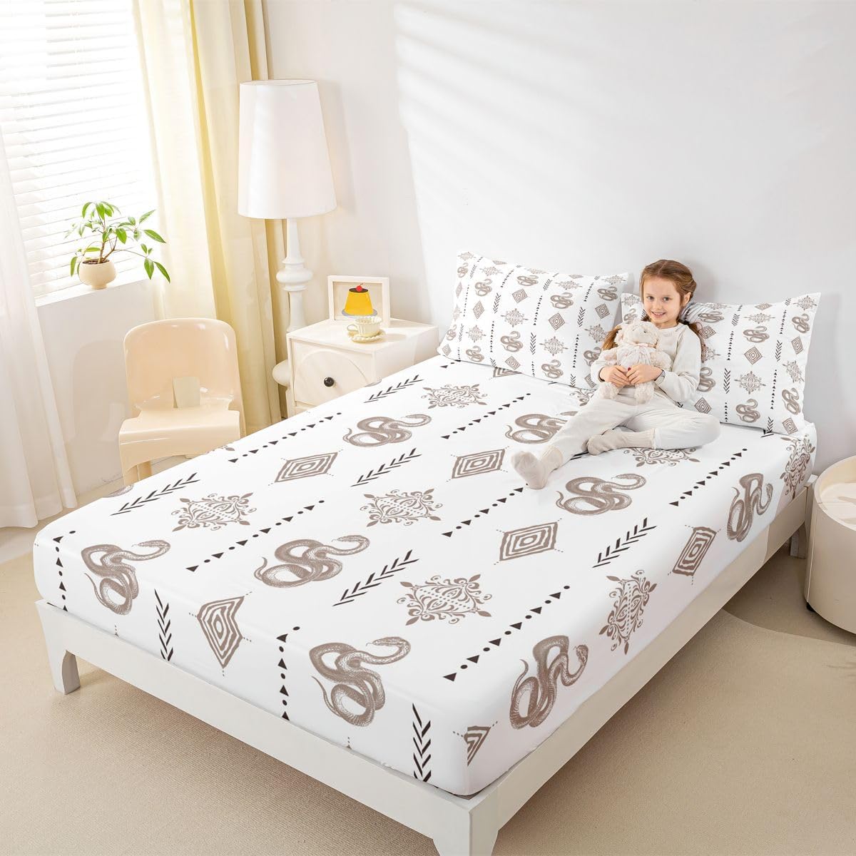 Erosebridal Tropical Snake Sheet Set Southwestern Aztec Western Full Size Bed Sheets for Toddler Boys | Light Brown Damask Bohemian Goth Bedding Set,Gothic Vintage Floral Victorian Decor