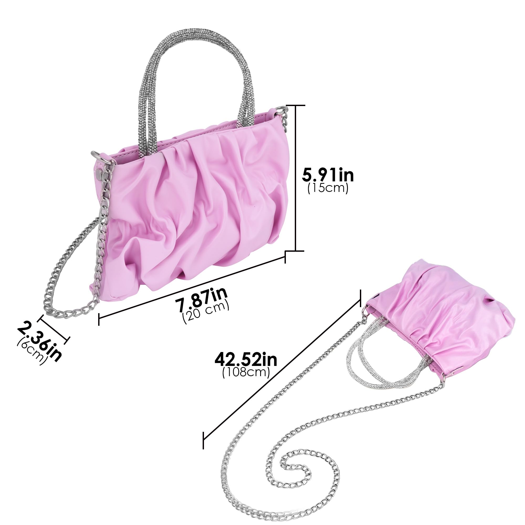 Biiange Pink Rhinestone Purse, Evening Bag, Rhinestone Handle Soft Leather Ruched Bag, for Women Formal Party, Prom, Wedding, Bridal Clutch Wedding Party