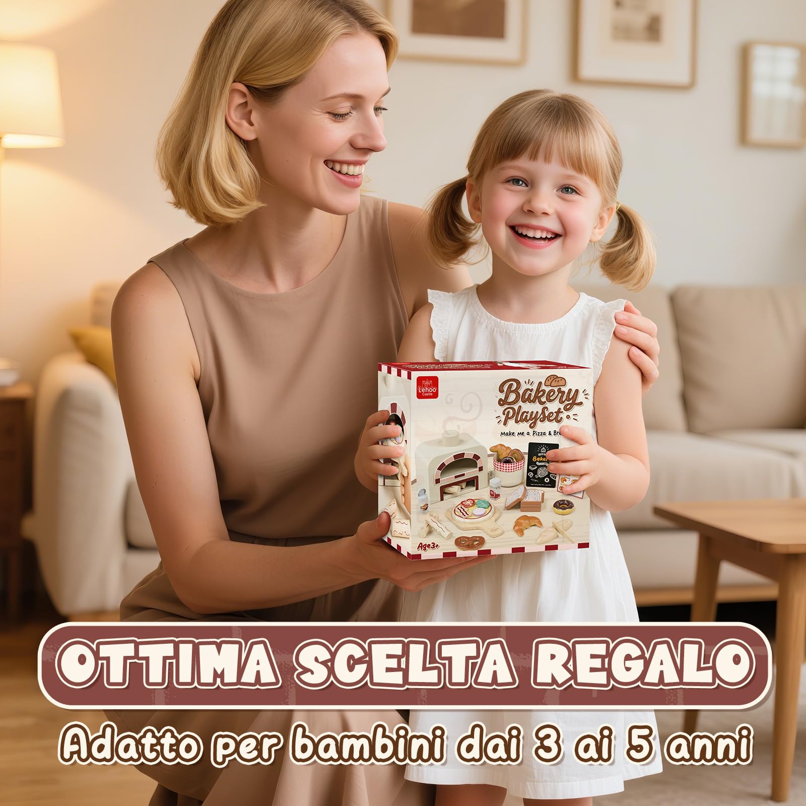 Lehoo Castle Cucina Giocattolo per Bambini, Pizza Giocattolo in Legno, Accessori Cucina Bambini, Giochi Bambino Bambina 3-5 Anni