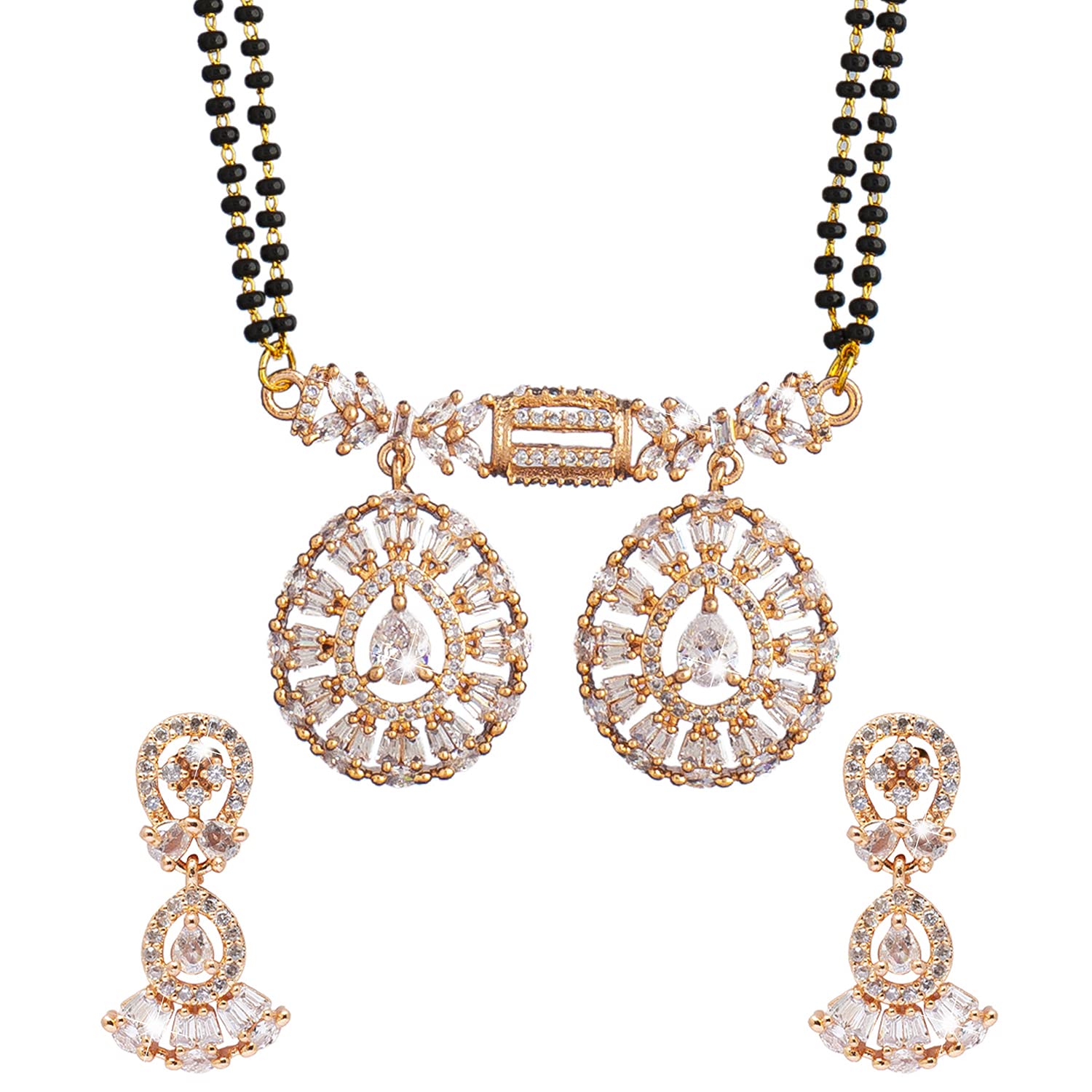 Shining Jewel Rose Gold Plated Solitaire, CZ, Crystal & AD Studded Mangalsutra Tanmaniya Pendant Necklace Jewellery Set with Earrings (SJN_120) (B0BG8Q7BJW) Amazon Price History, Amazon Price Tracker