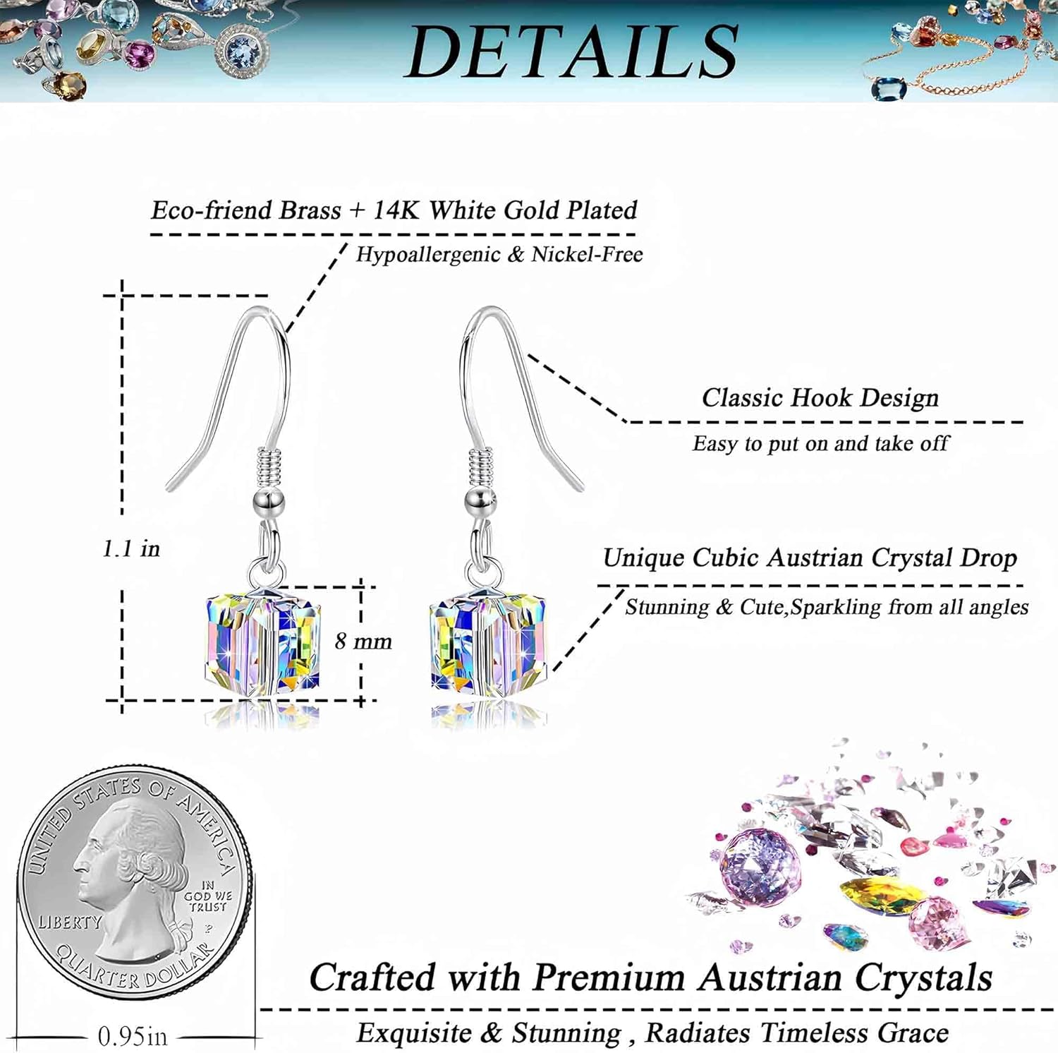 Austrian Crystal Cube Drop Dangle Earrings for Women Fashion 14K Gold Plated Hypoallergenic Jewelry - Image 4