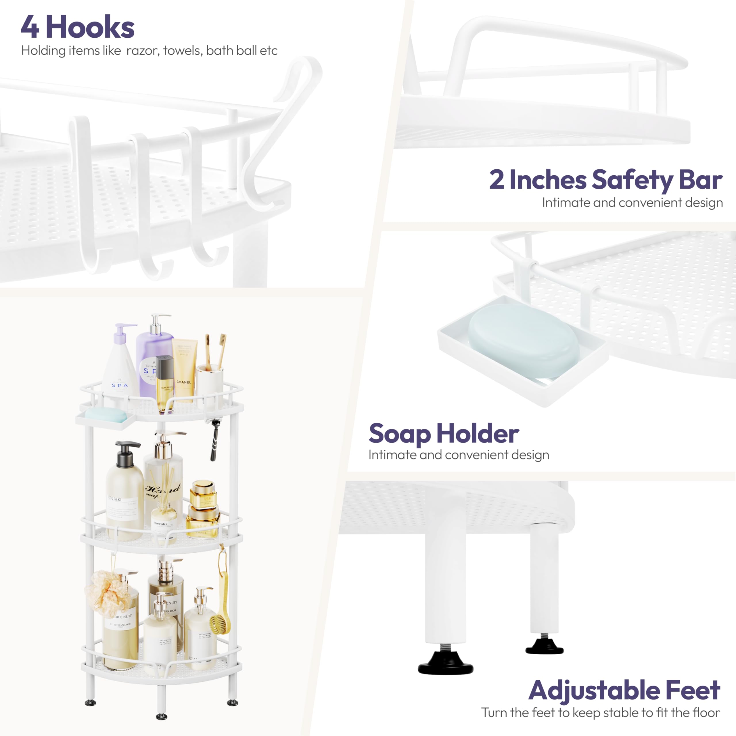 SWTYMIKI Corner Shower Caddy, 3 Tier Shower Corner Shelf Organizer with 4 Hooks - Image 4