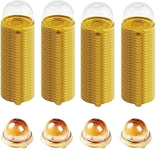 Typutomi 100 Pcs Plastic Mini Cupcake Box, Clear Round Mooncake Dessert Container Box Disposable Cake Cookies Muffins Box with Dome Lid for Wedding Birthday Holiday Parties Gift Box(Gold)
