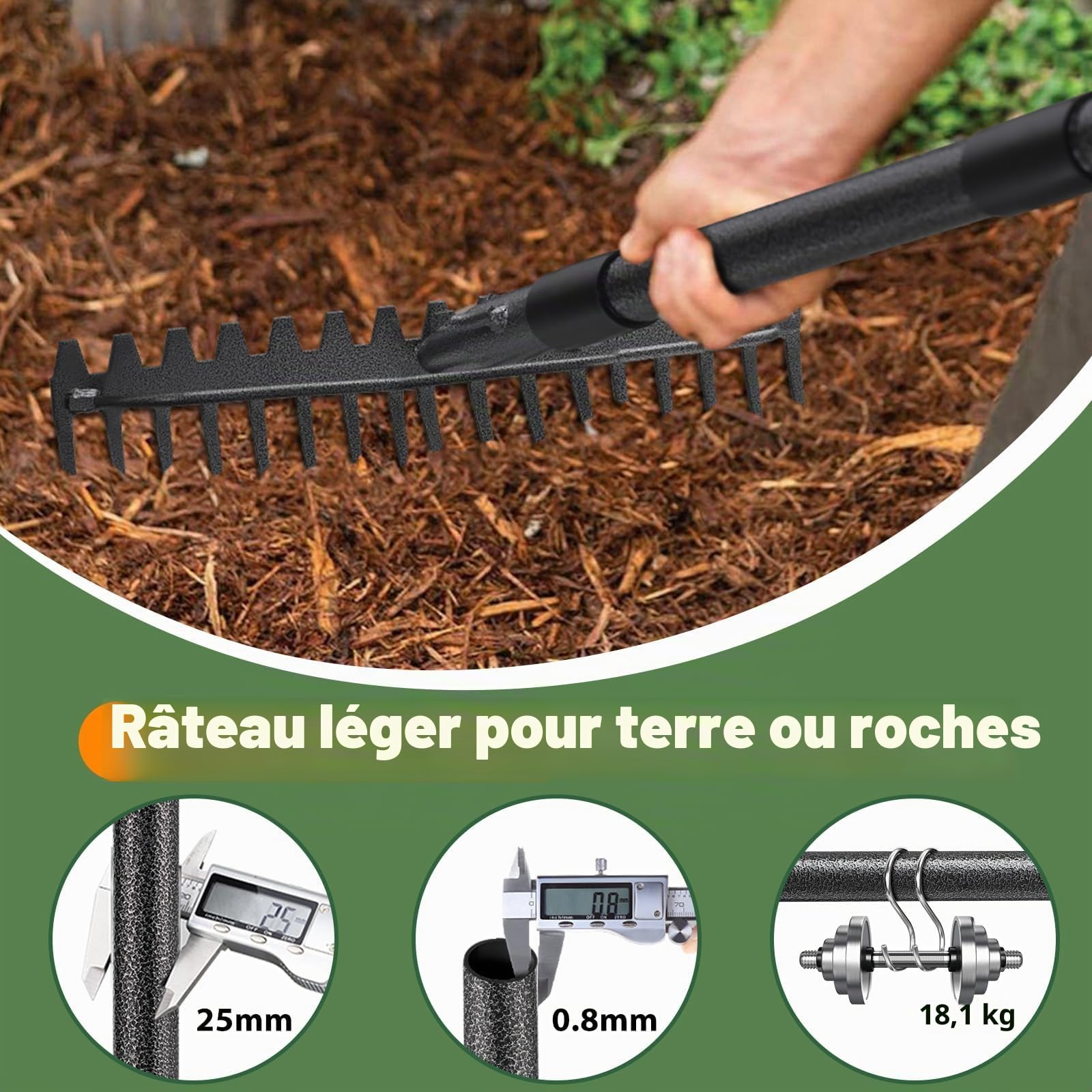 Râteau de jardin 150 cm - Râteau en métal robuste avec manche et 17 dents pour gazon, feuilles & sol | Râteau à gazon pour aérer, niveler & désherber | Râteau à foin durable pour cour