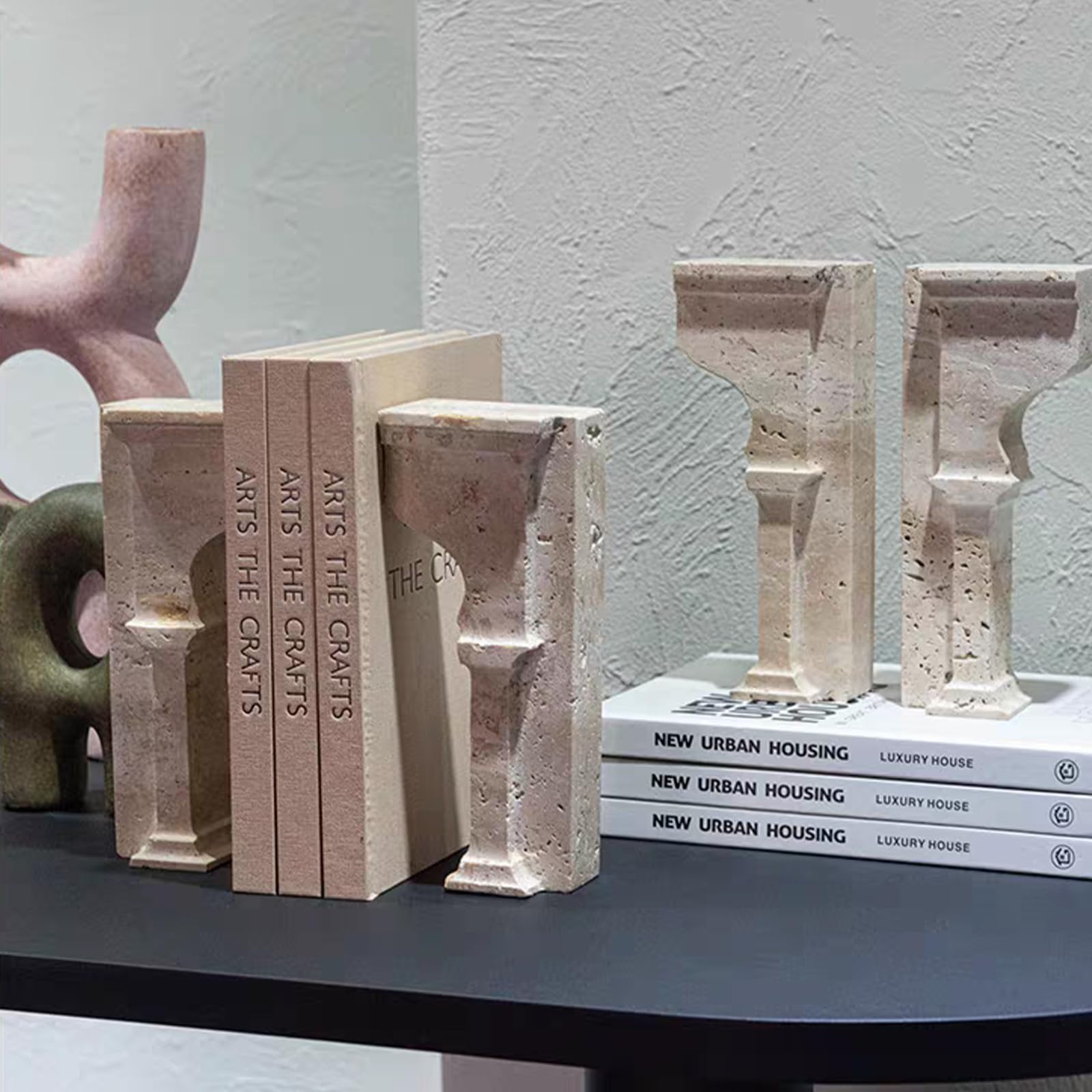 Set di 2 fermalibri in travertino moderno, design Arco di Trionfo, porta libri in pietra naturale per scrivania e mensola (2 pezzi, 1 set, Arco di Trionfo)