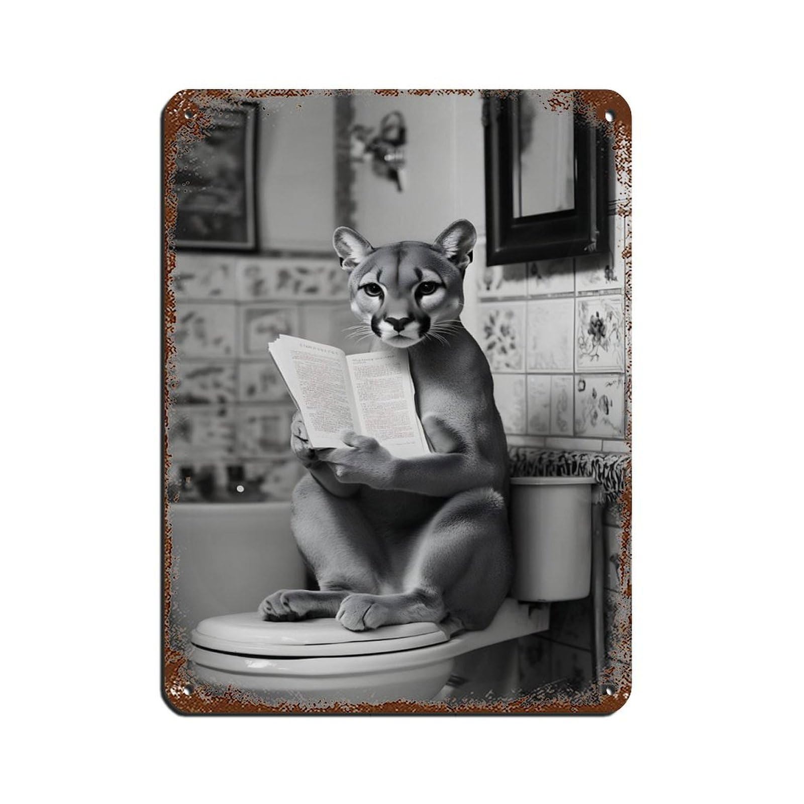 Whimsical Bathroom Cougar Reading Retro Poster Metal Tin Sign Chic Art Retro Iron Painting Bar People Cave Cafe Family Garage Poster Wall Decoration 12x16inch(30x40cm)