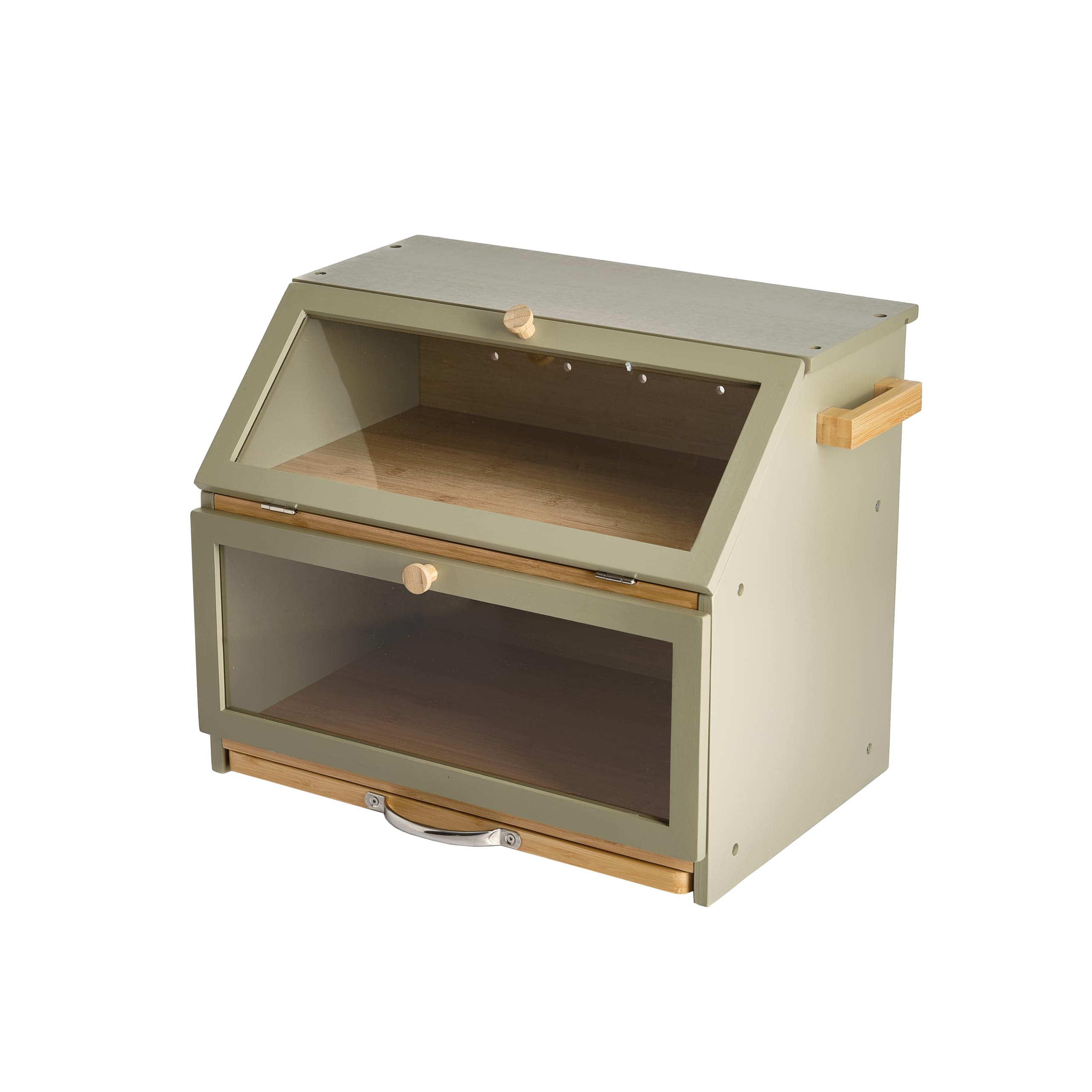3-in-1 Double Decker Bamboo Bread Bin 2-Tier Bread Box W/ Cutting Board And Knife Holder Naturally Antibacterial Sustainable Eco Friendly Storage Box Organic Premium Kitchen Organiser (Olive/Natural)