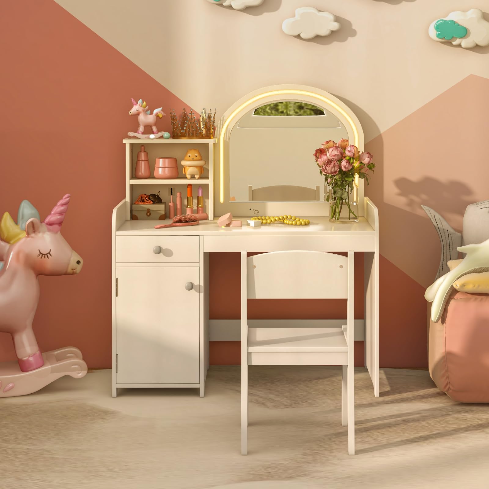 DREAMADE Coiffeuse Enfants Fille avec Tabouret&Lumières LED,2 en 1 Bureau Enfants 3+Ans avec Miroir&Dispositif Anti-Bascule,Table de Maquillage Princesse avec 2 Etagères&Tiroir,Charge 50KG (Blanc)