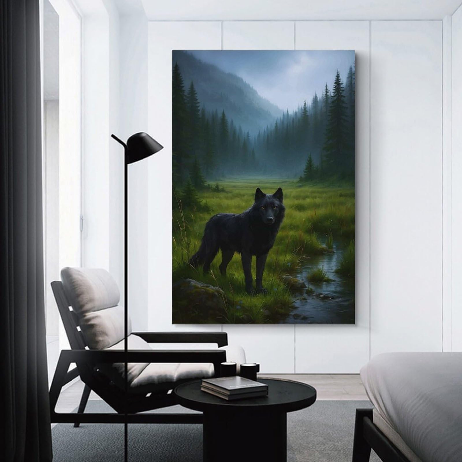 Junmoney Wall Decor Canvas Print Black Wolf in Misty Forest, 20x30inch(50x75cm), for Sofa Walls, Lounge Or Home Corners, Modern Wall Decor for Cosy Interiors