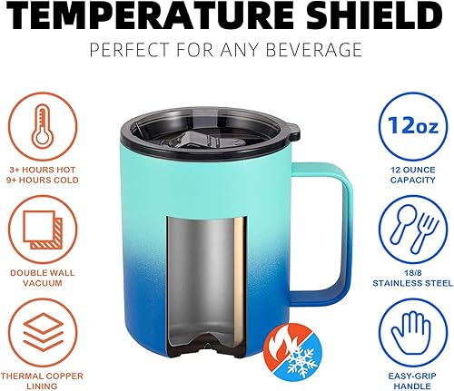 Miniatura 5 de ALOUFEA Taza de café aislada de acero inoxidable de 12 onzas con asa, taza de viaje al vacío de doble pared, vaso con tapa deslizante, océano secreto