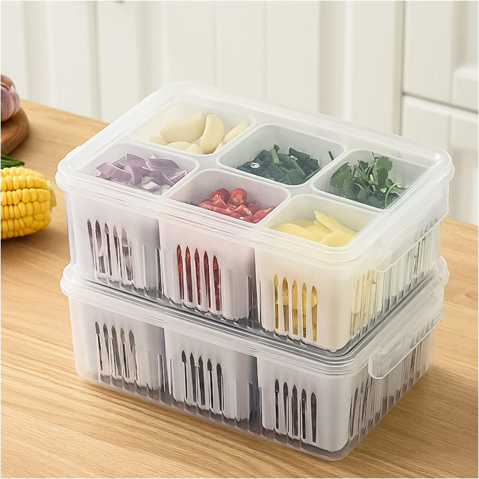 Spida Mount 6-In-1 Kitchen Scallion Storage Box, Reusable Refrigerator Fruit Food Fresh-Keeping Drain Box, Multi Compartment Food Container (1)