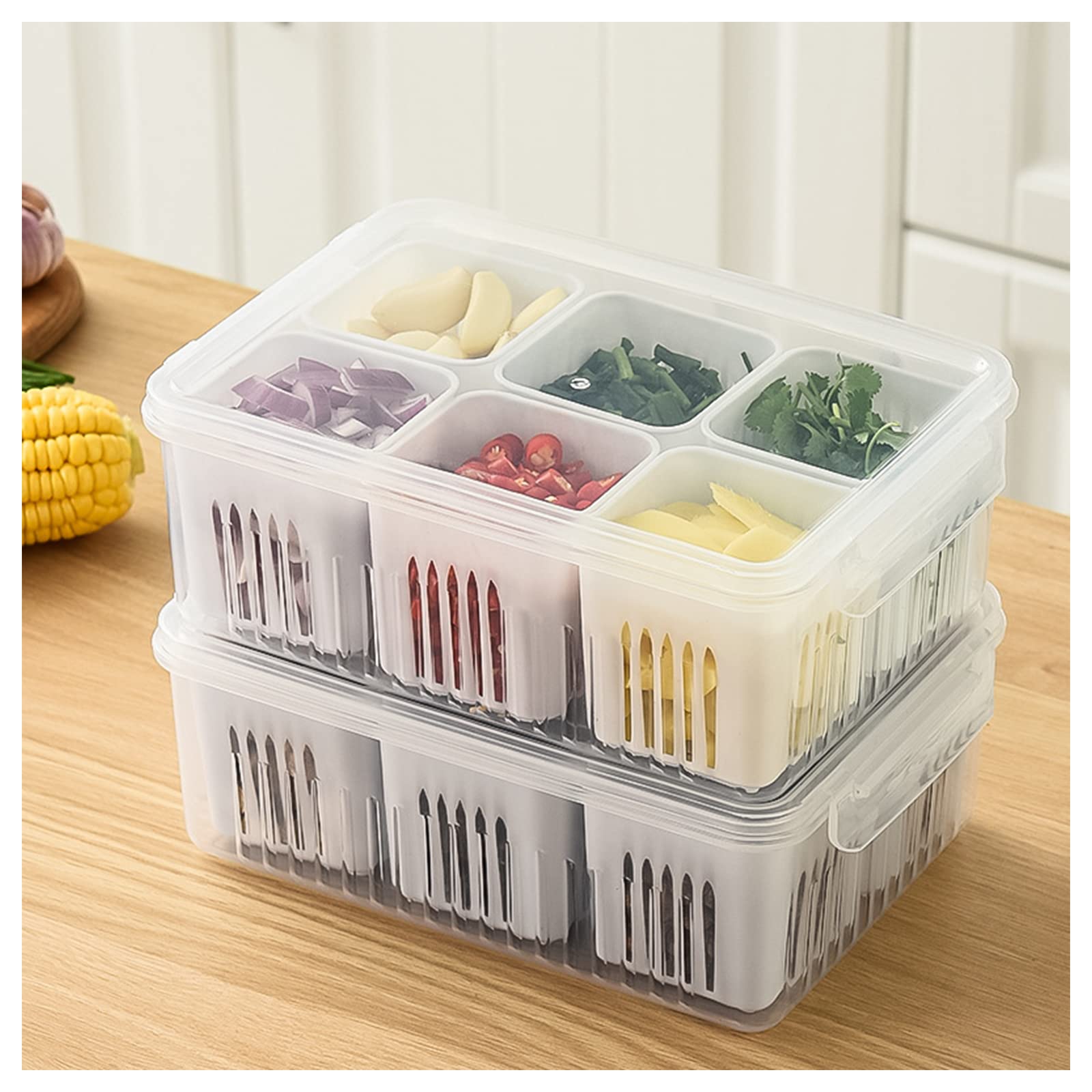 Spida Mount 6-In-1 Kitchen Scallion Storage Box, Reusable Refrigerator Fruit Food Fresh-Keeping Drain Box, Multi Compartment Food Container (1)