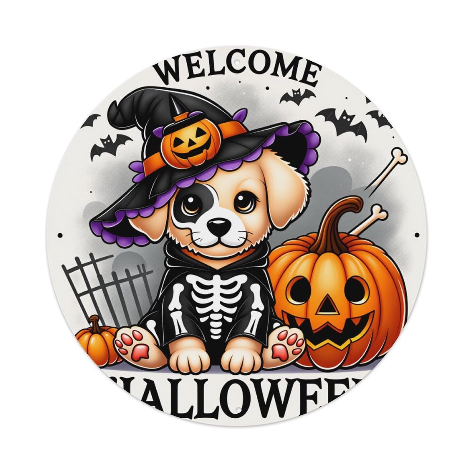 Cute Dog Witch Costume Pumpkin Round Tin Sign Vintage Metal Poster Retro Bar, Home, Man Cave, Kitchen, Laundry Room Wall Art Decor Gift 8x8Inch