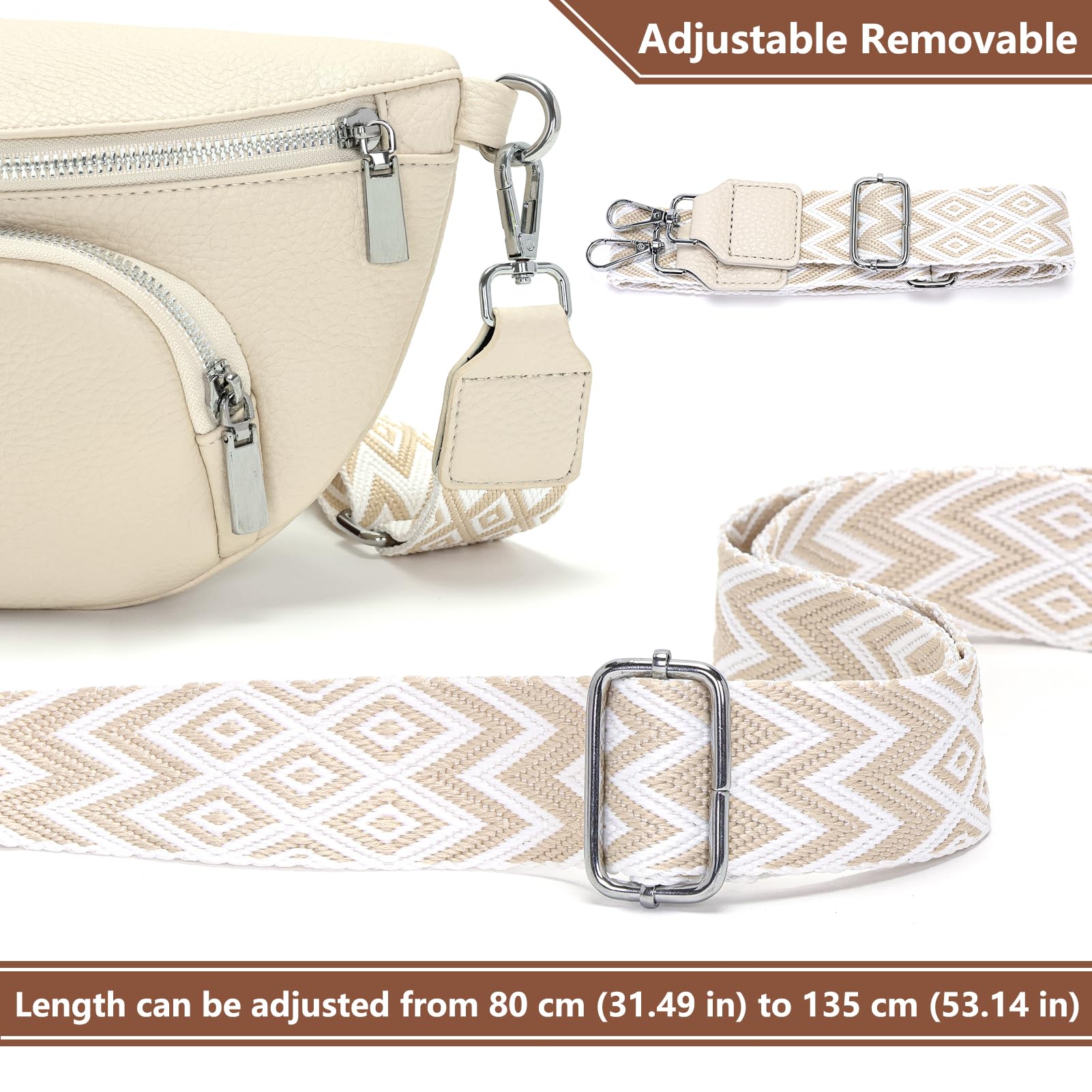 Rorimyth Sac Banane Femme Bandoulière Beige Petit Sacoche Femme bandoulière Cuir Vegan Sac bandouliere Tendance Sacs Banane Ville